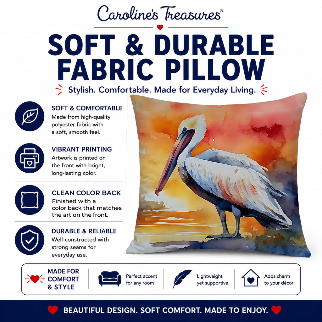 Pelican Decorative Throw Pillow 14x14 Indoor Outdoor Accent Cushion, Fabric Cover with Insert for Sofa, Bed, Porch & Living Room