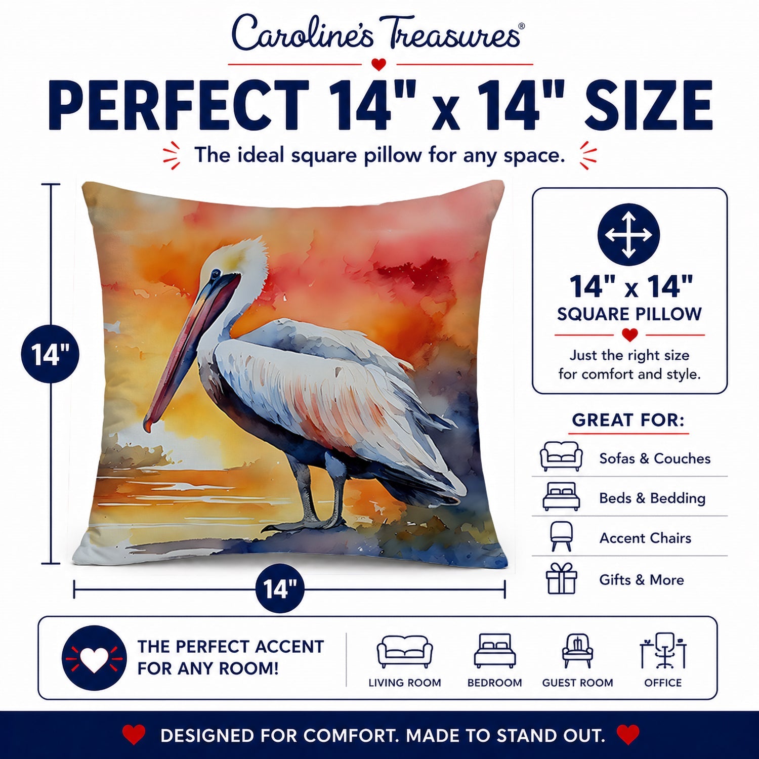 Pelican Decorative Throw Pillow 14x14 Indoor Outdoor Accent Cushion, Fabric Cover with Insert for Sofa, Bed, Porch & Living Room