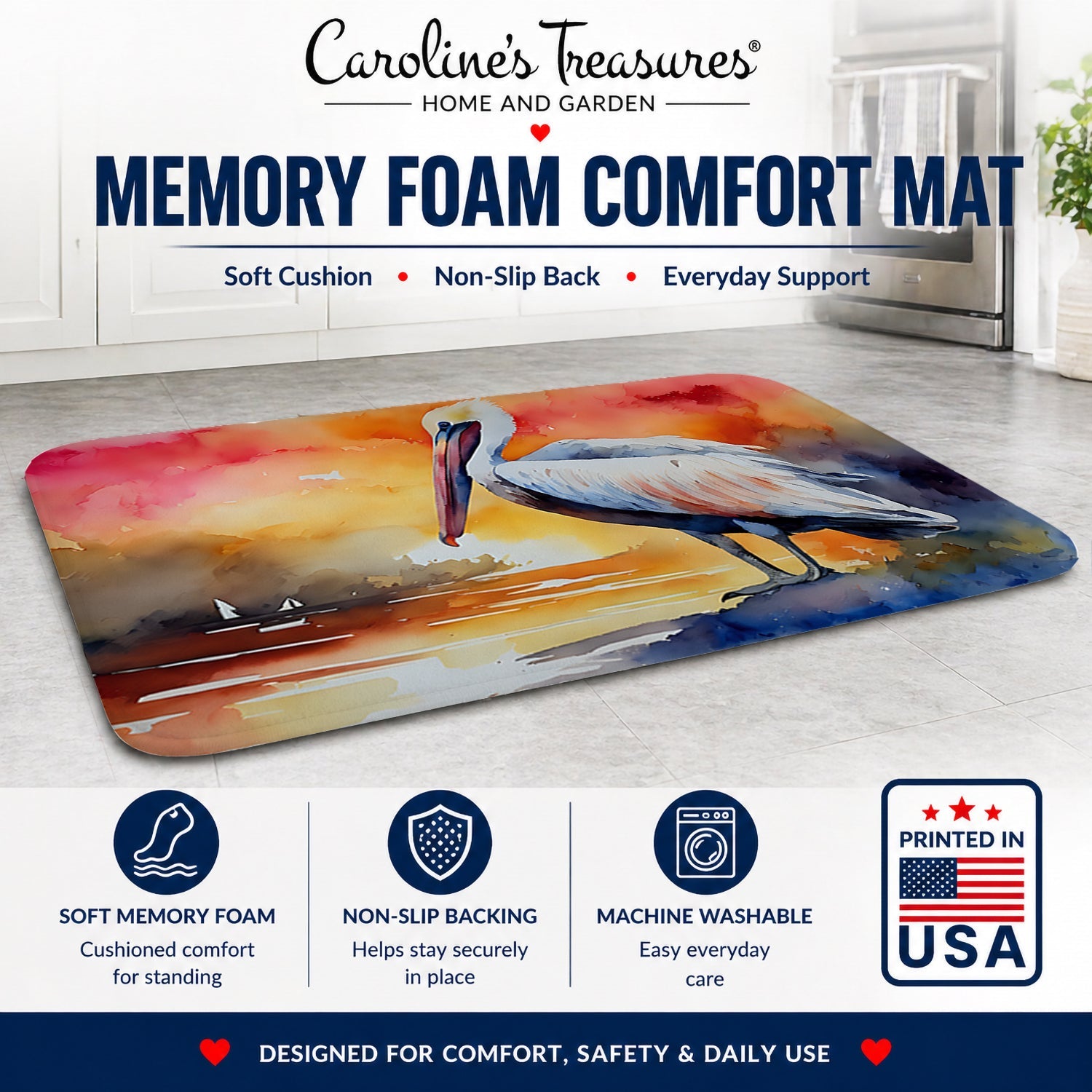 Pelican Memory Foam Kitchen Mat Machine Washable Anti-Fatigue Cushion Comfort Bath or Kitchen Rug