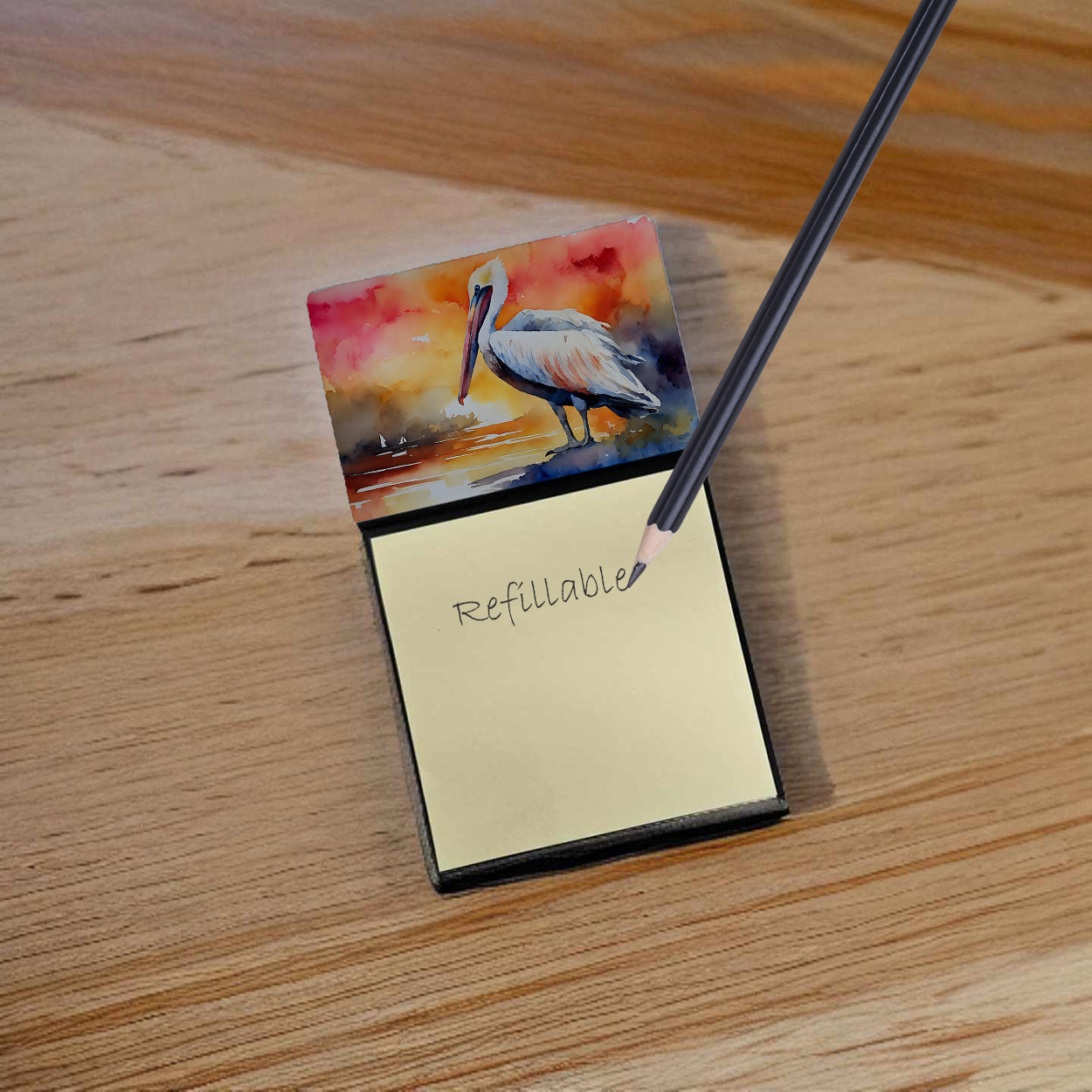 Pelican Watercolor Sticky Note Holder Refillable Dispenser Desk Accessory 3x3 Pad Gift