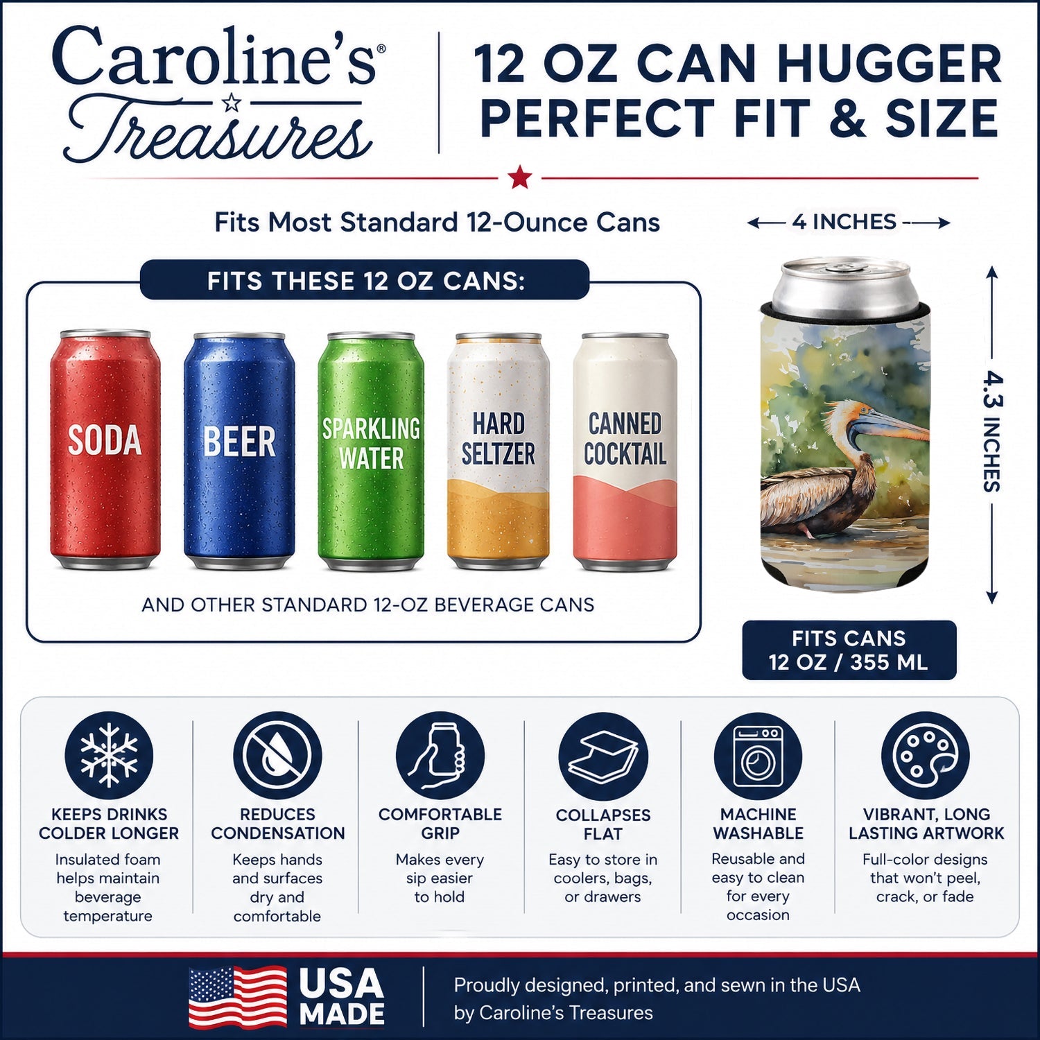 Pelican Can or Bottle Hugger Cooler Sleeve for Standard 12 oz Cans, Insulated Foam Beer & Soda Can Hugger Reusable