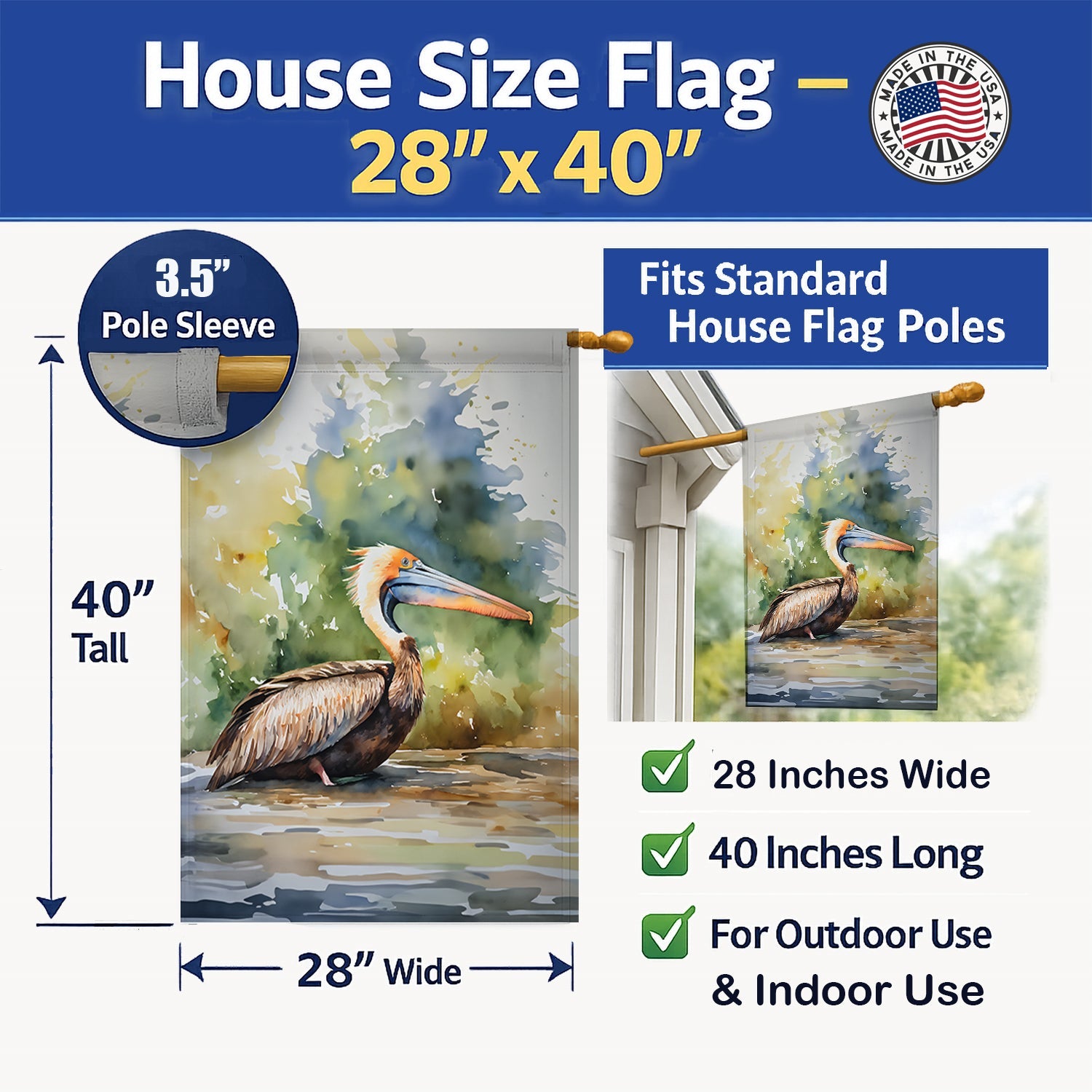 Pelican House Flag 28x40 Porch Sleeve Pole Decorative Outside Yard Banner Artwork Wall Hanging, Polyester