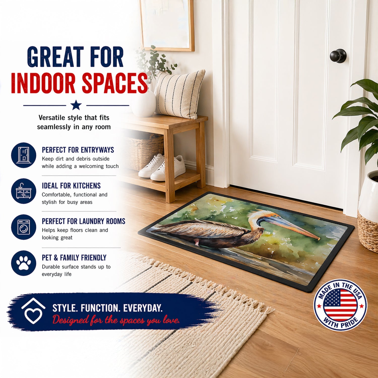 Pelican Doormat Indoor Outdoor 24H X 36W Front Door Mat Rugs for Entryway, Non Slip Washable Low Pile,