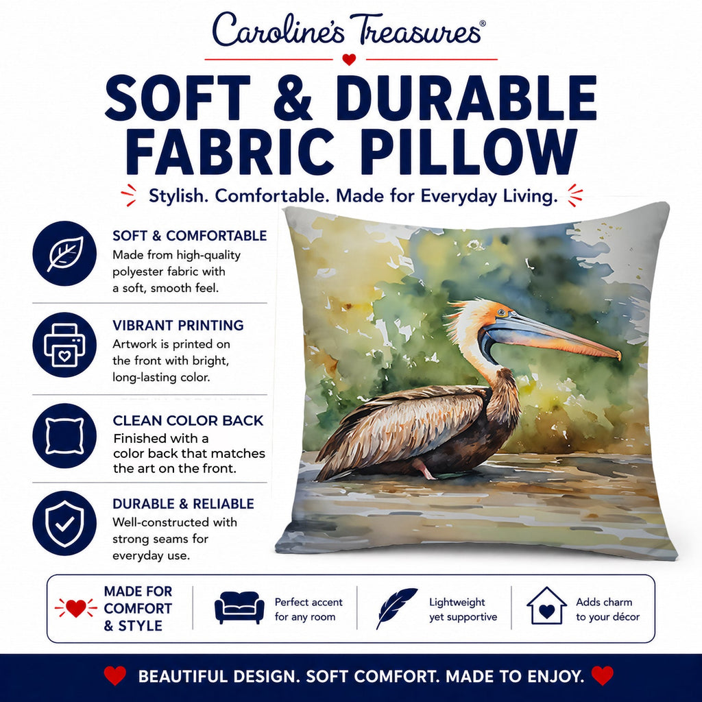 Pelican Decorative Throw Pillow 14x14 Indoor Outdoor Accent Cushion, Fabric Cover with Insert for Sofa, Bed, Porch & Living Room