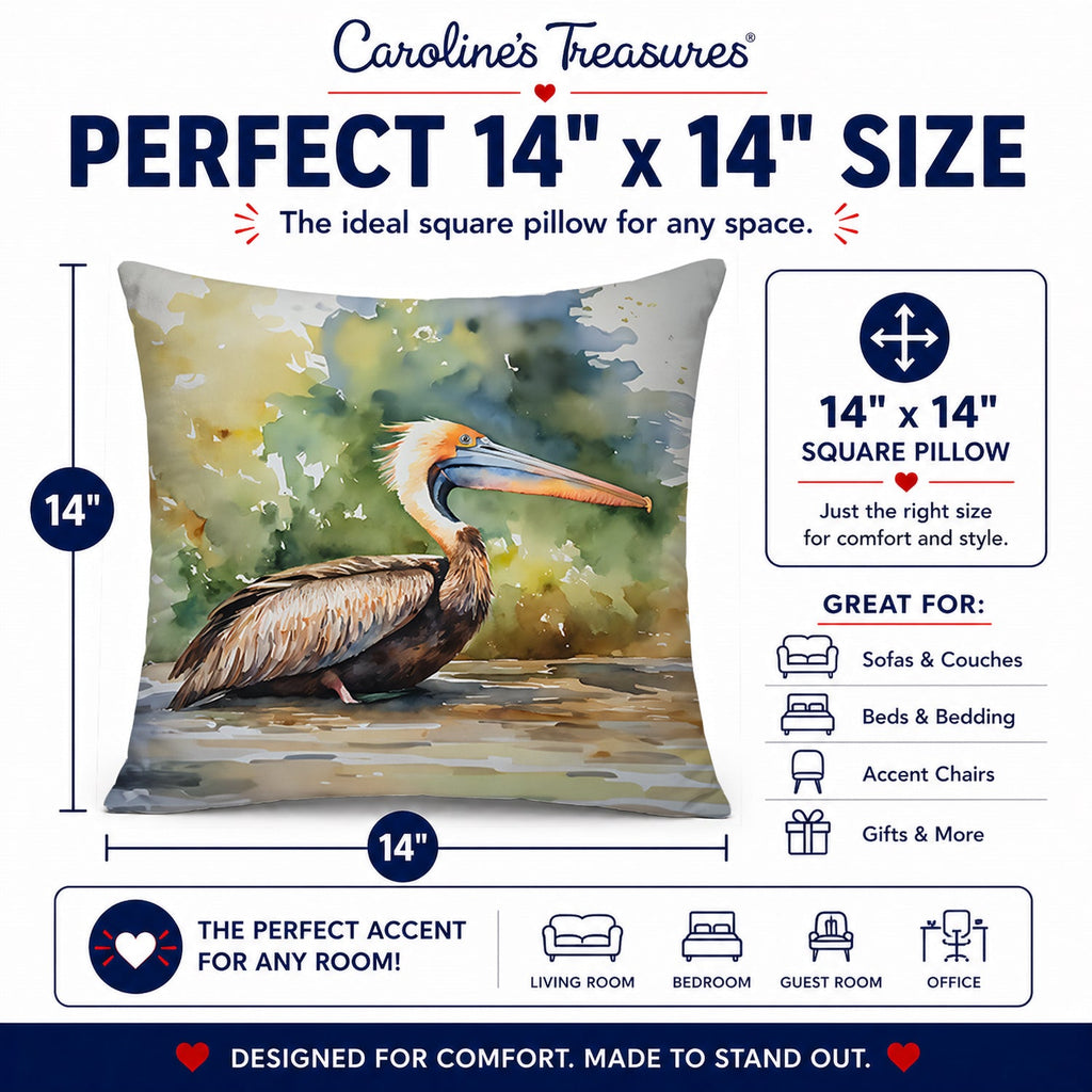 Pelican Decorative Throw Pillow 14x14 Indoor Outdoor Accent Cushion, Fabric Cover with Insert for Sofa, Bed, Porch & Living Room