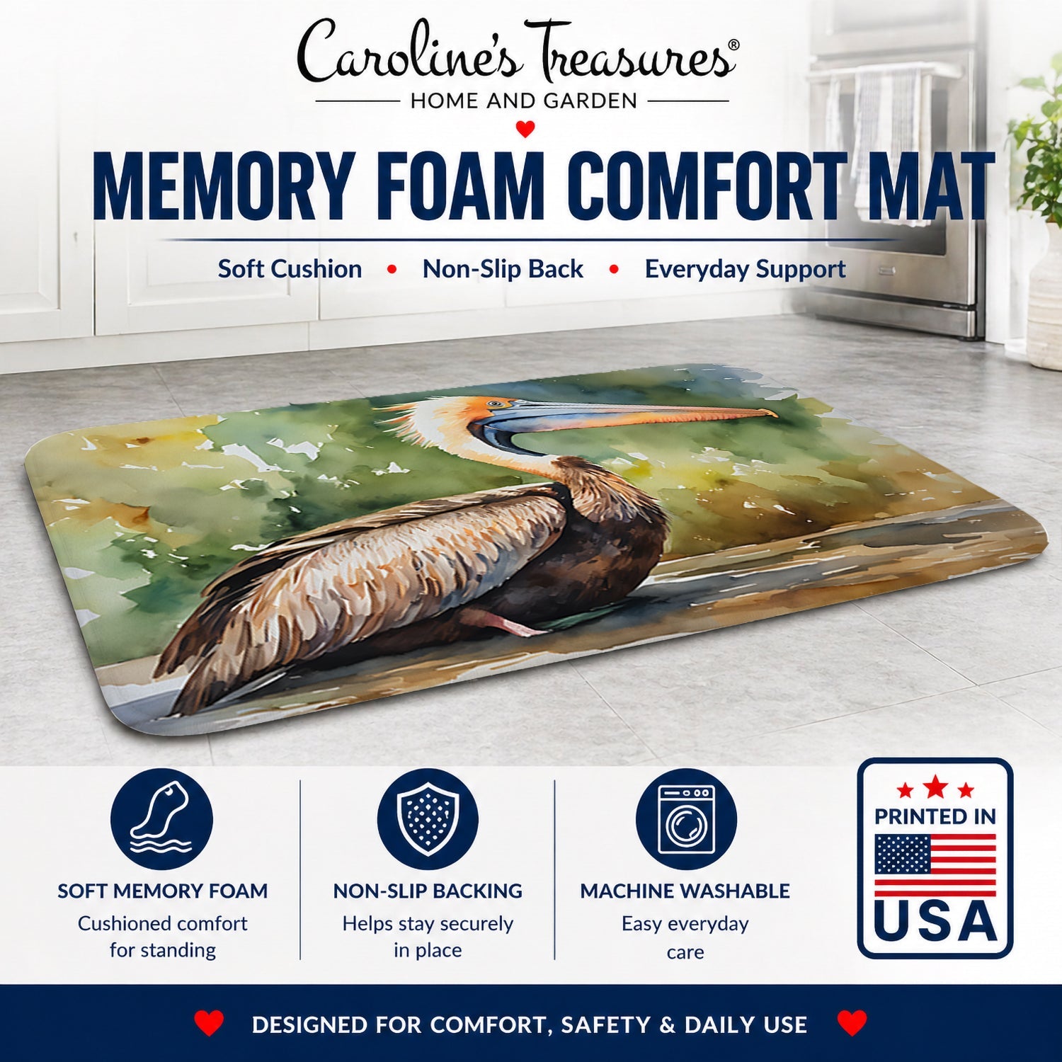 Pelican Memory Foam Kitchen Mat Machine Washable Anti-Fatigue Cushion Comfort Bath or Kitchen Rug