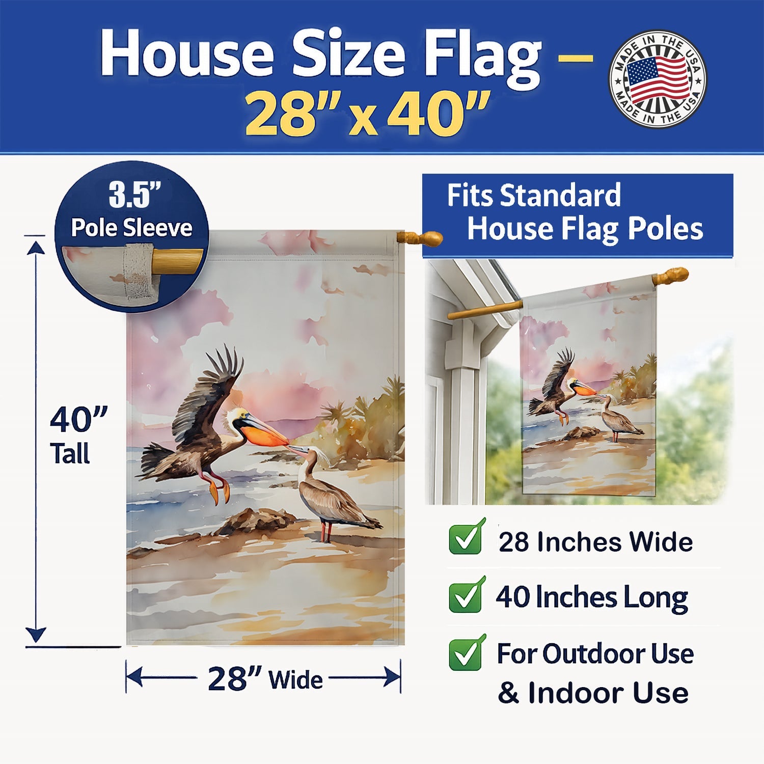 Pelican House Flag 28x40 Porch Sleeve Pole Decorative Outside Yard Banner Artwork Wall Hanging, Polyester
