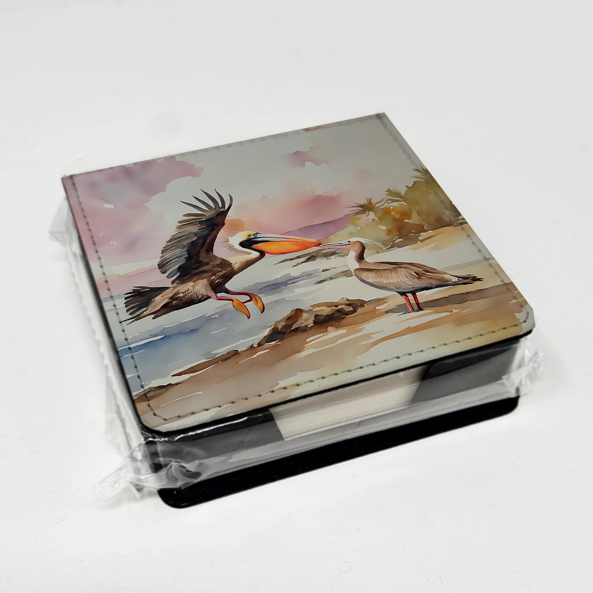 Pelican PU Leather Note Paper Holder with Artist-Designed Cover, Desk Accessory, Office Gift