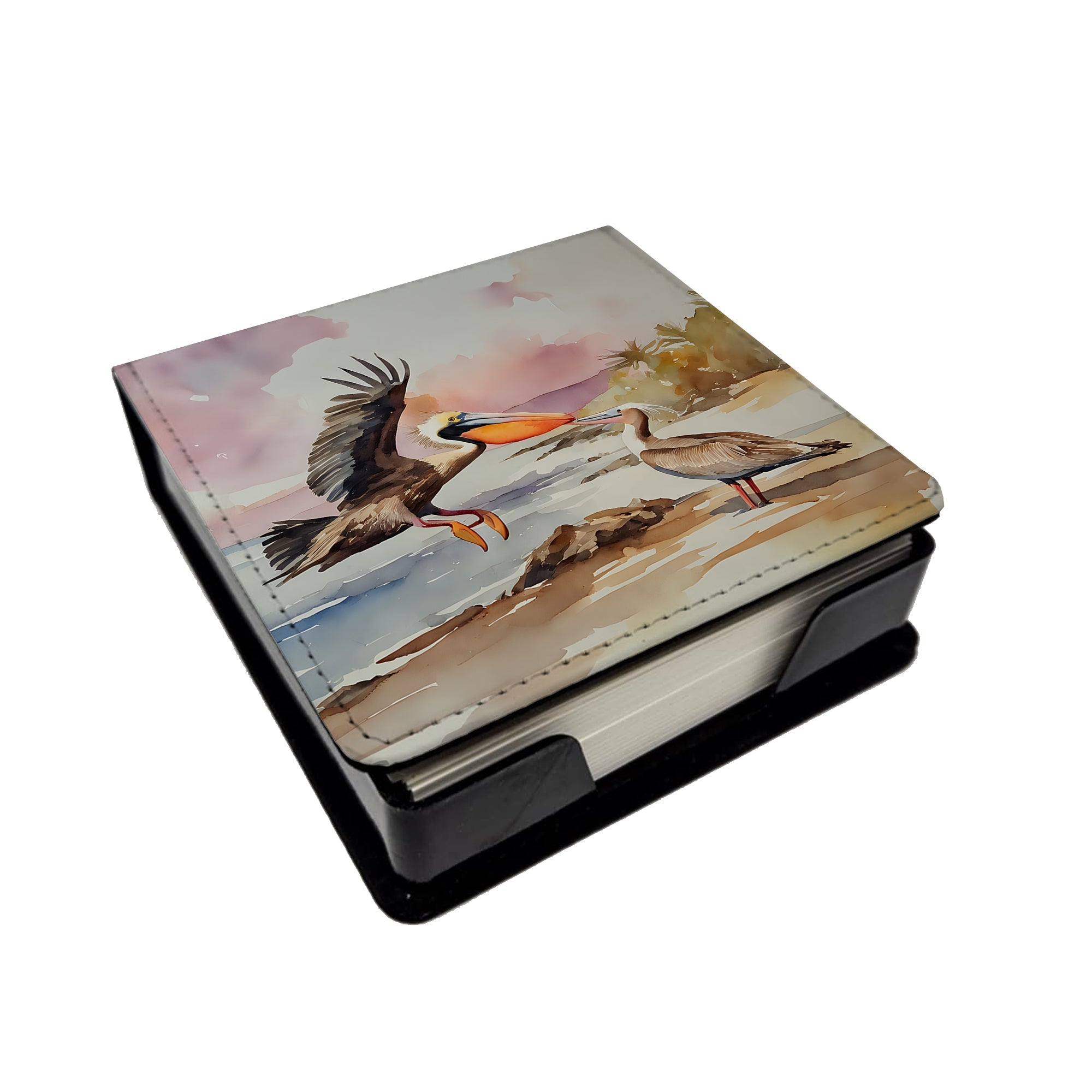 Pelican PU Leather Note Paper Holder with Artist-Designed Cover, Desk Accessory, Office Gift