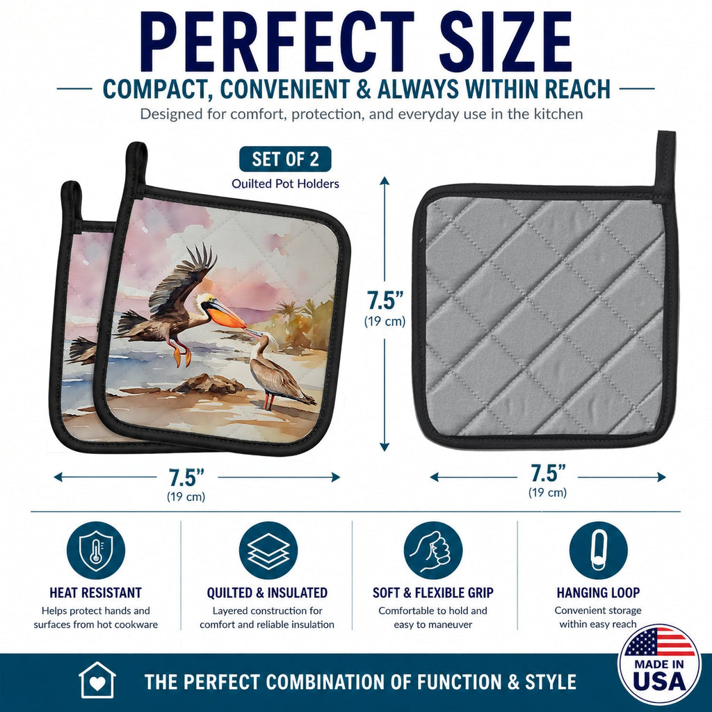 Pelican Pot Holder Set of 2 Heat Resistant Quilted Hot Pads 7.5 x 7.5 Inch, Insulated Kitchen Trivets for Cooking & Baking