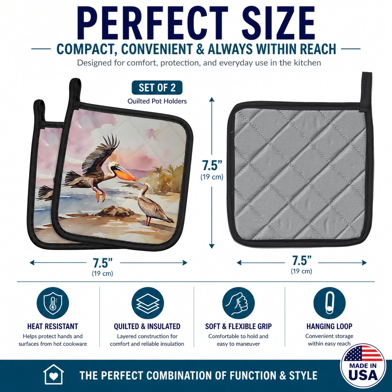 Pelican Pot Holder Set of 2 Heat Resistant Quilted Hot Pads 7.5 x 7.5 Inch, Insulated Kitchen Trivets for Cooking & Baking