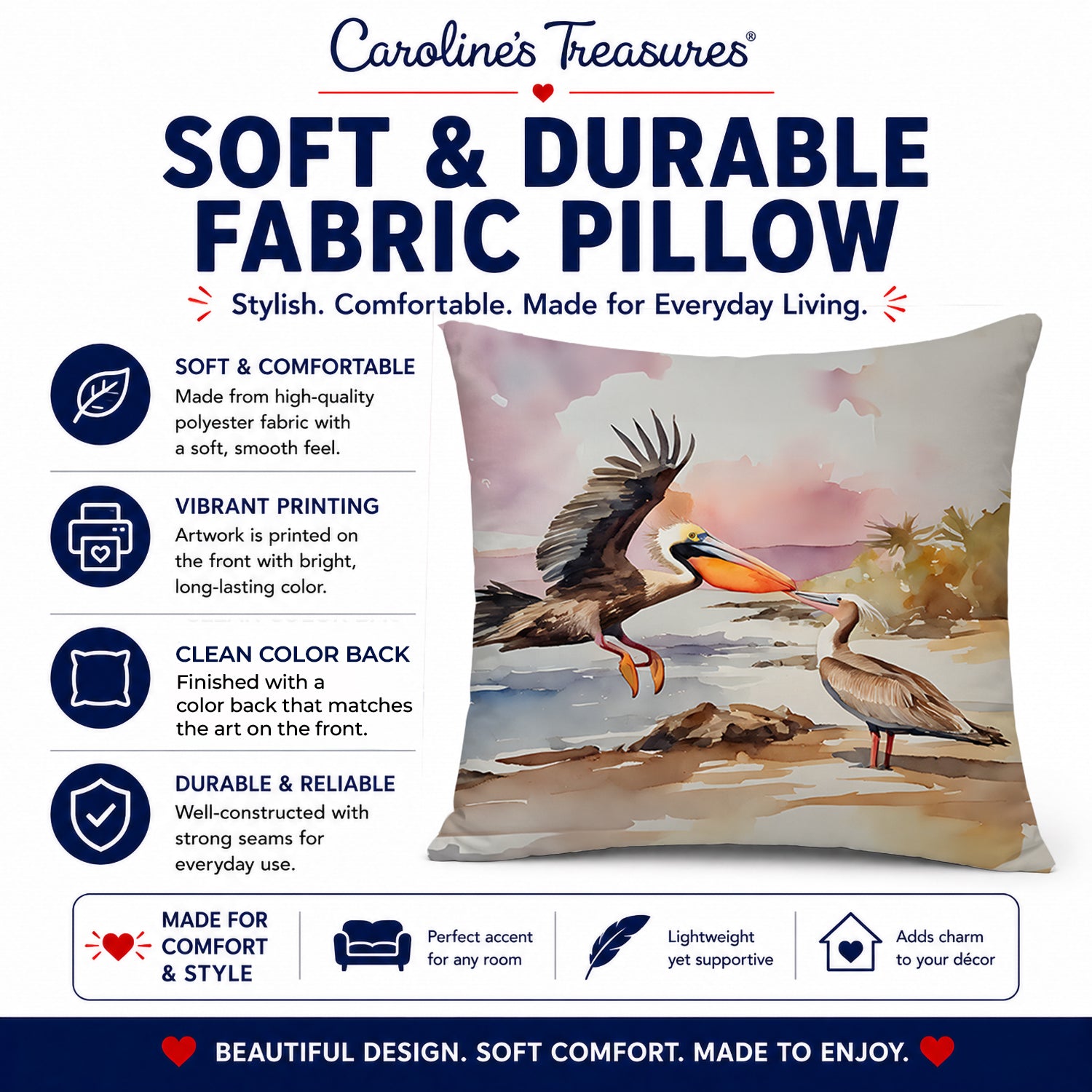 Pelican Decorative Throw Pillow 14x14 Indoor Outdoor Accent Cushion, Fabric Cover with Insert for Sofa, Bed, Porch & Living Room