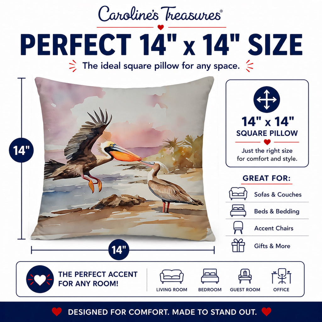 Pelican Decorative Throw Pillow 14x14 Indoor Outdoor Accent Cushion, Fabric Cover with Insert for Sofa, Bed, Porch & Living Room