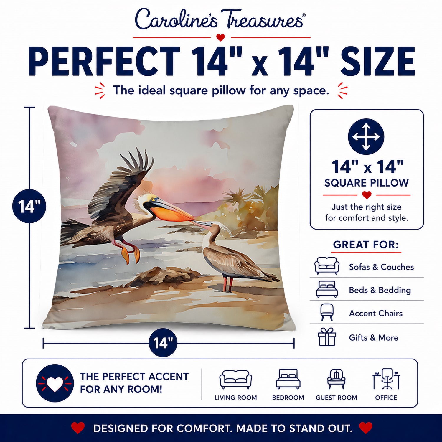 Pelican Decorative Throw Pillow 14x14 Indoor Outdoor Accent Cushion, Fabric Cover with Insert for Sofa, Bed, Porch & Living Room