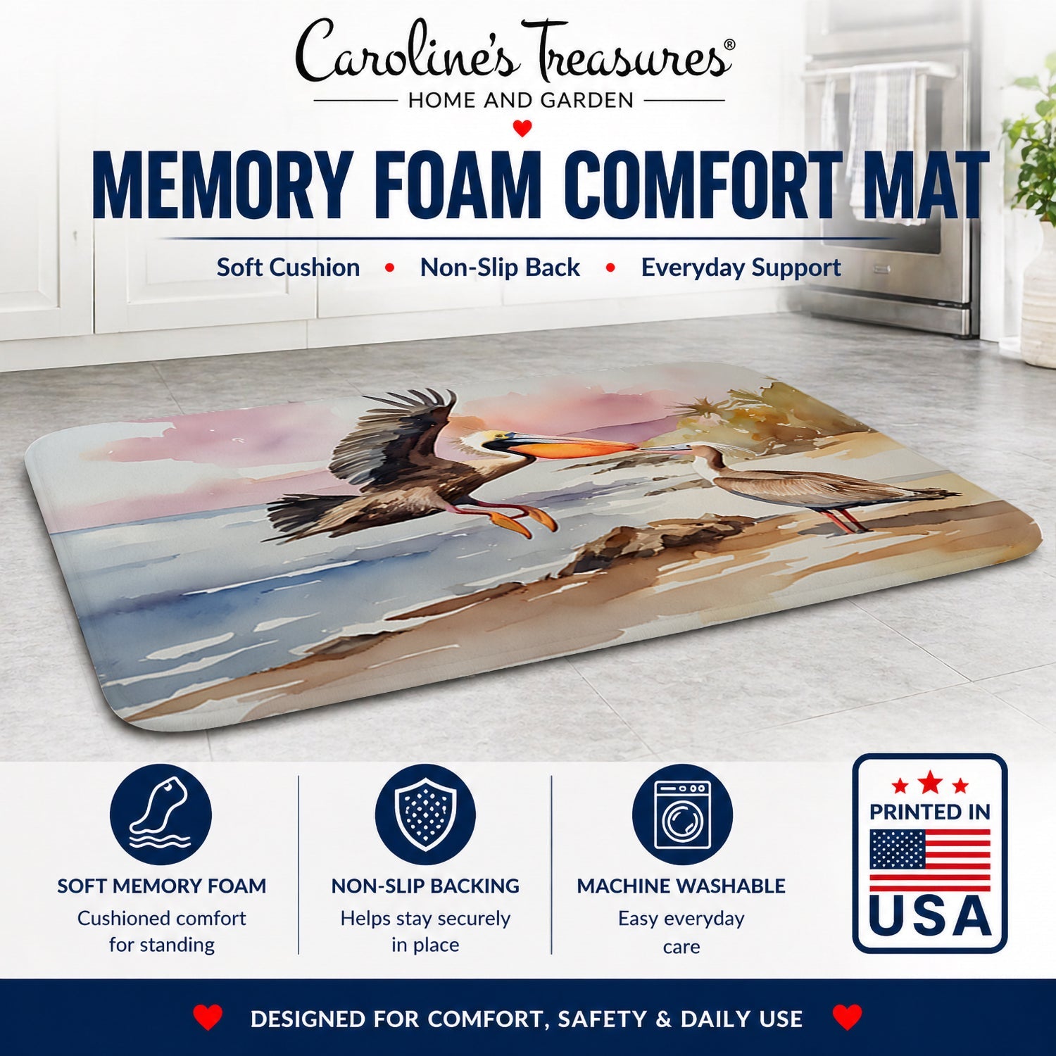 Pelican Memory Foam Kitchen Mat Machine Washable Anti-Fatigue Cushion Comfort Bath or Kitchen Rug