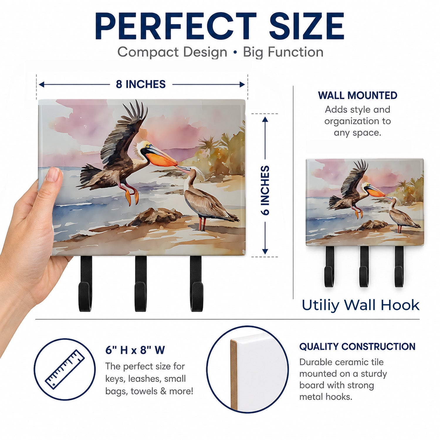 Pelican Leash or Key Holder Wall Hooks, Coat Rack Wall Mount, for Hanging Keys, Towels, Aprons, Leashes