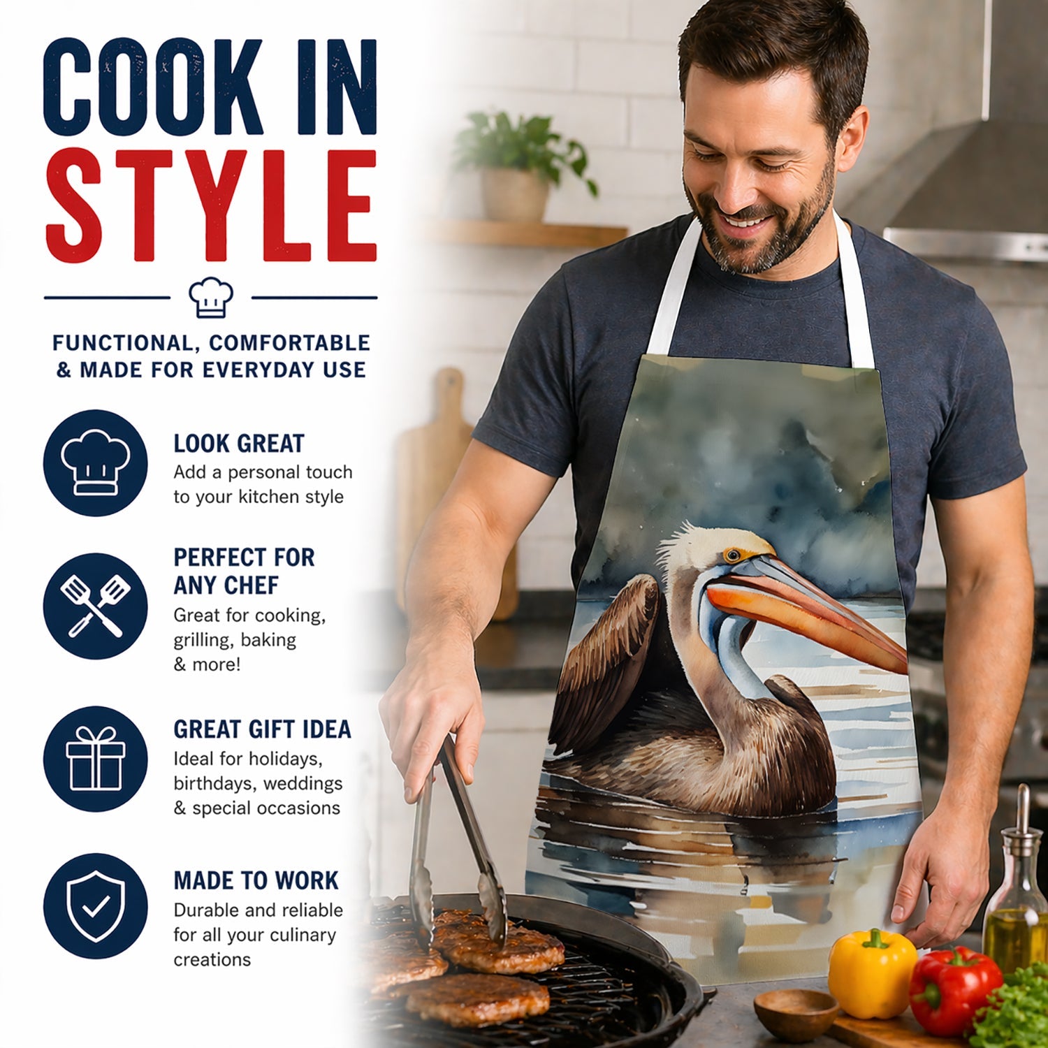 Pelican Apron Cooking Kitchen Server Baking Crafts Gardening for Adult Women Men, Unisex, Large, Multicolor