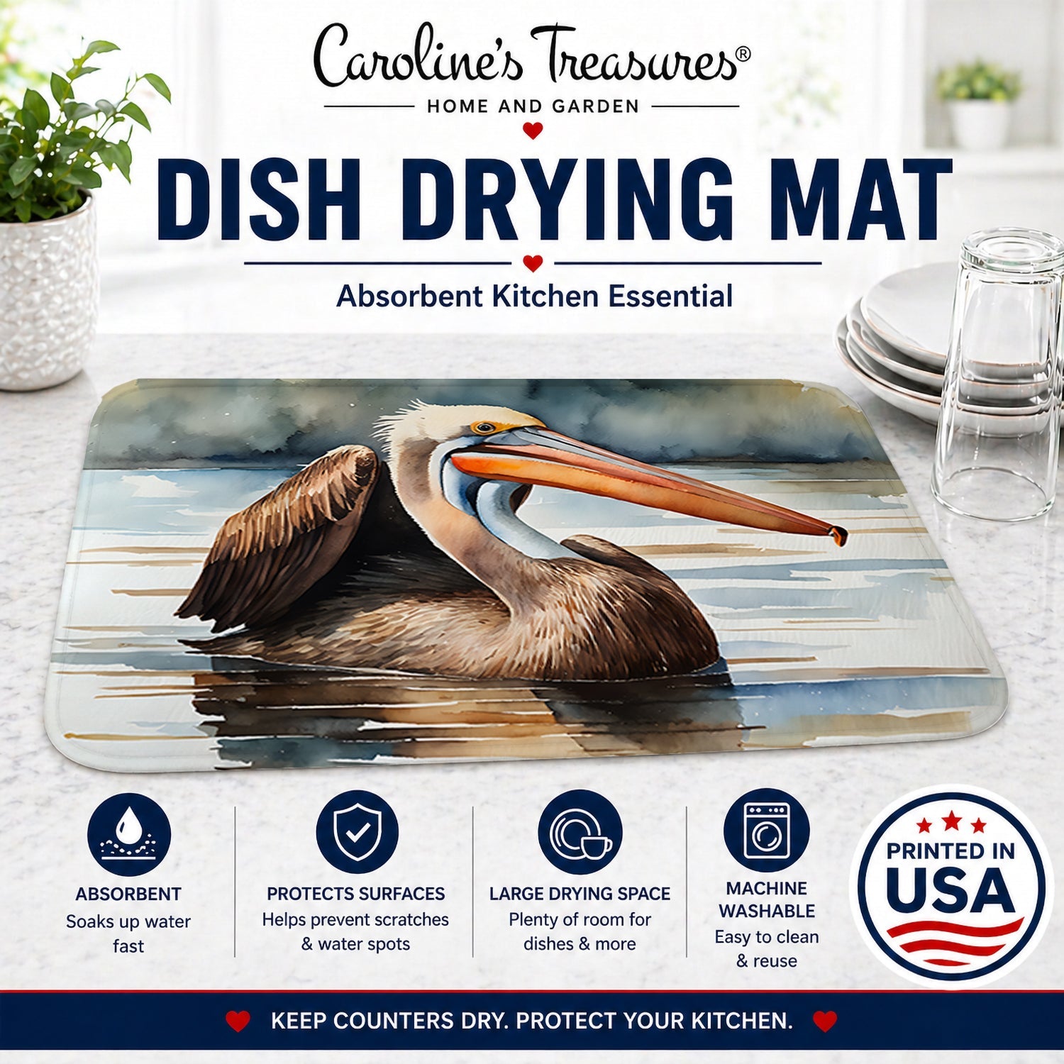 Pelican Dish Drying Mat Absorbent Dish Drying Mat Pad for Kitchen Counter Dish Drainer Mat for Countertop, 14 x 21", Multicolor