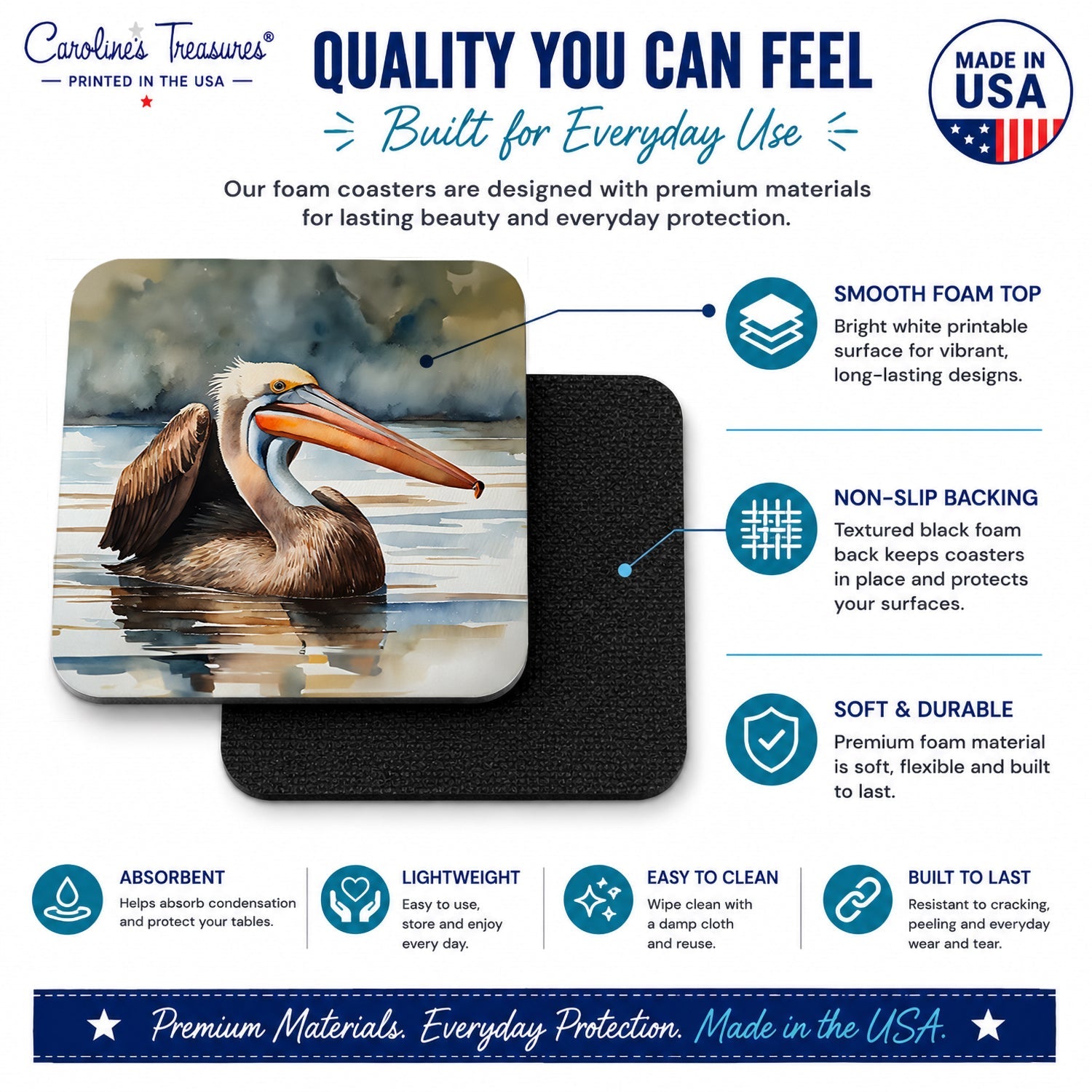 Pelican Foam Coasters Set of 4 Cup Coasters for Indoor Outdoor, Tabletop Protection, Anti Slip, Mouse pad Material