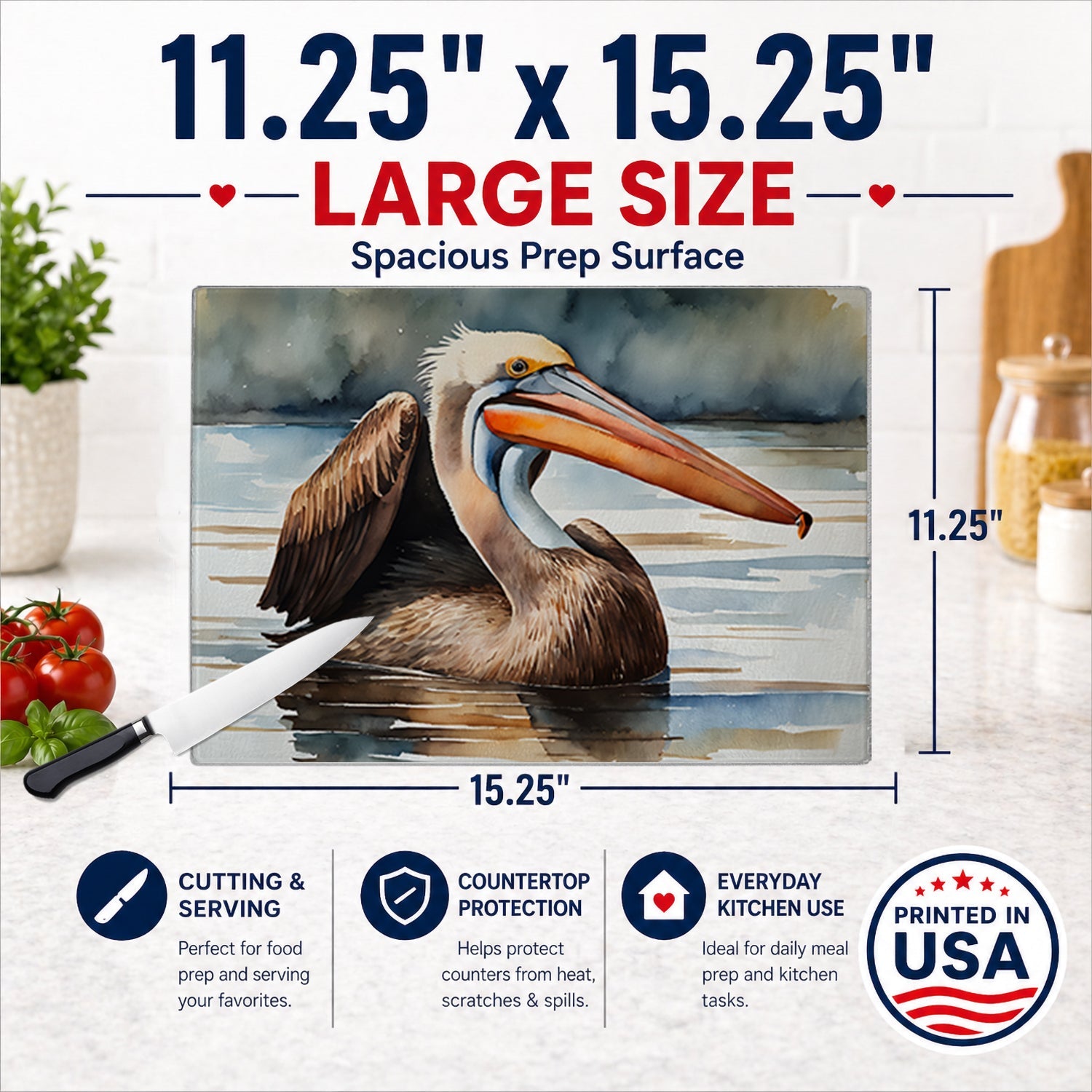 Pelican Cutting Board Tempered Glass Kitchen Cutting Surface, Heat Resistant Chopping, Non-Slip Feet, Food Prep & Serving