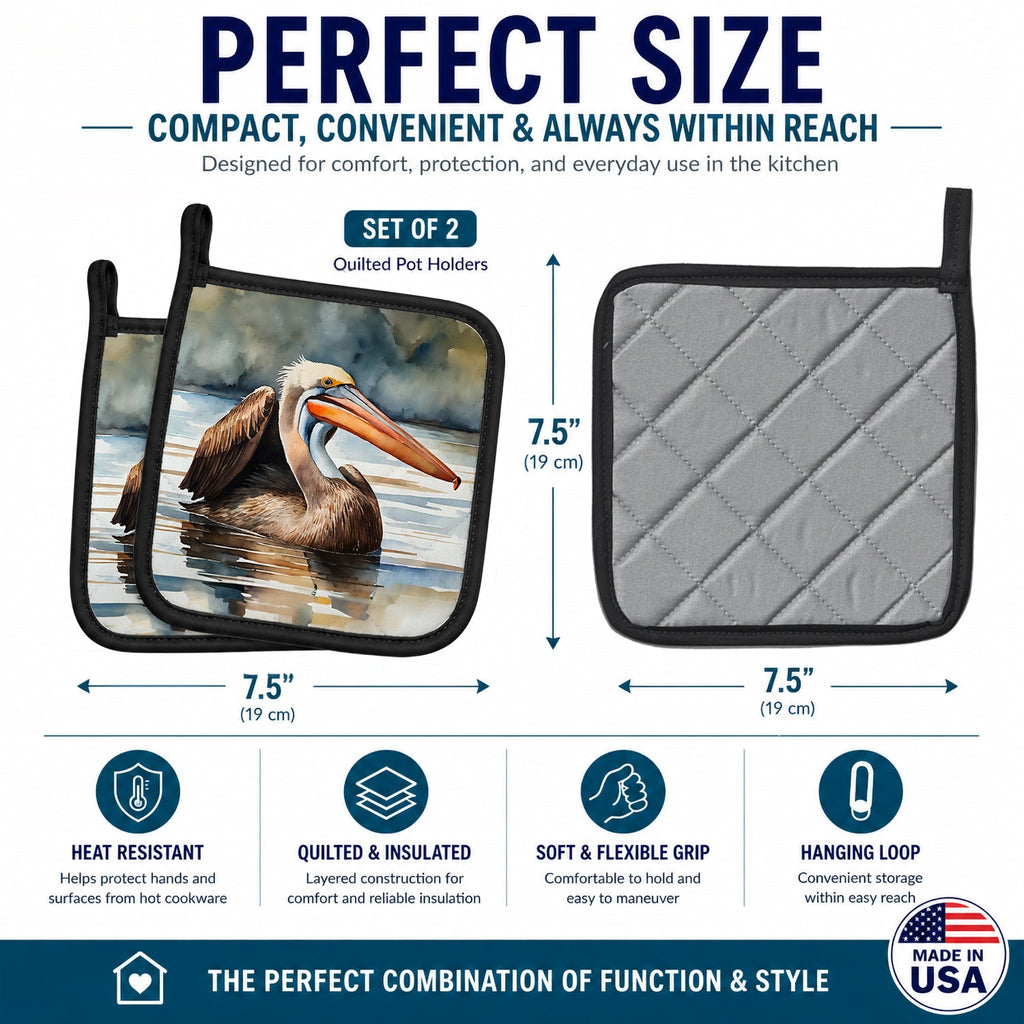 Pelican Pot Holder Set of 2 Heat Resistant Quilted Hot Pads 7.5 x 7.5 Inch, Insulated Kitchen Trivets for Cooking & Baking