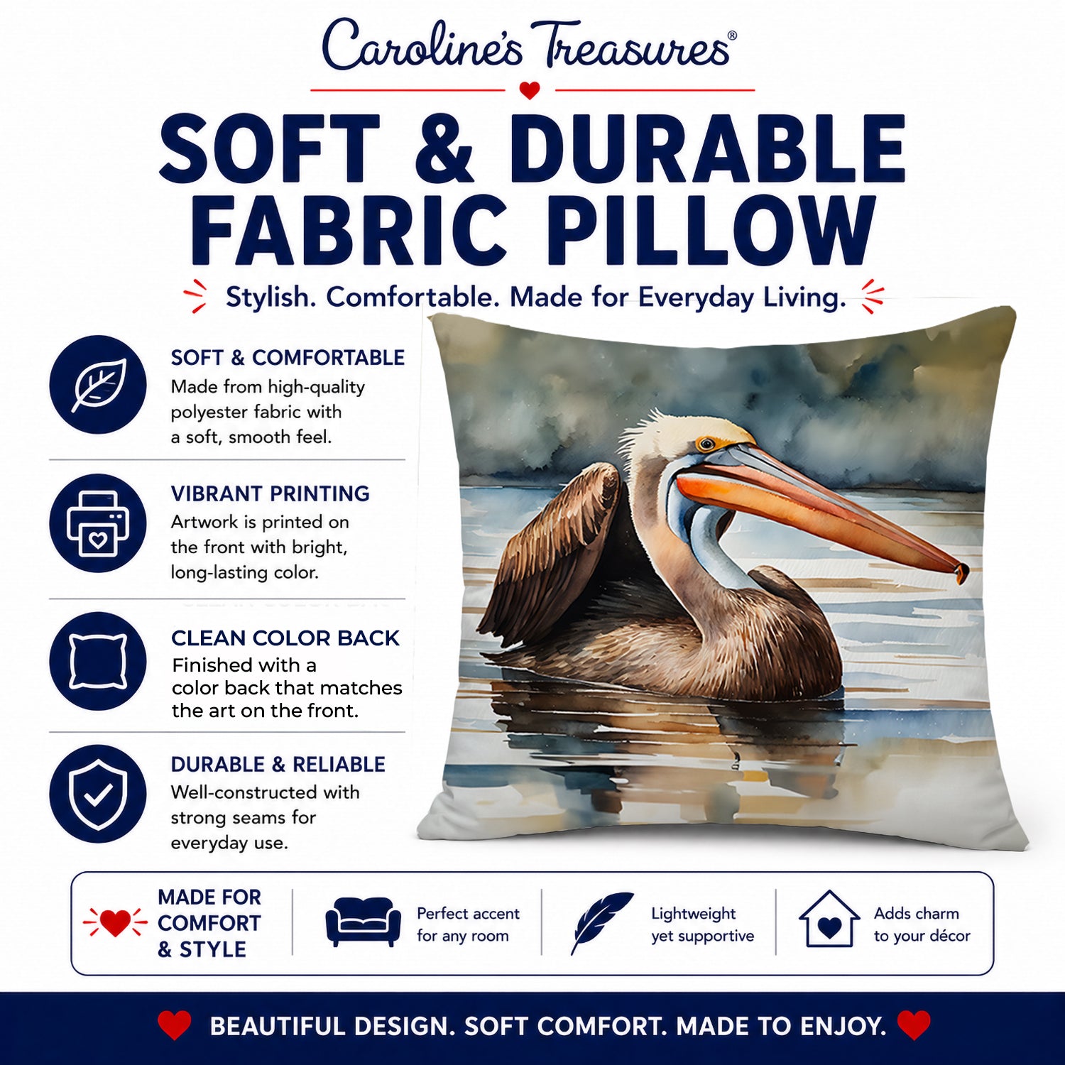Pelican Decorative Throw Pillow 14x14 Indoor Outdoor Accent Cushion, Fabric Cover with Insert for Sofa, Bed, Porch & Living Room