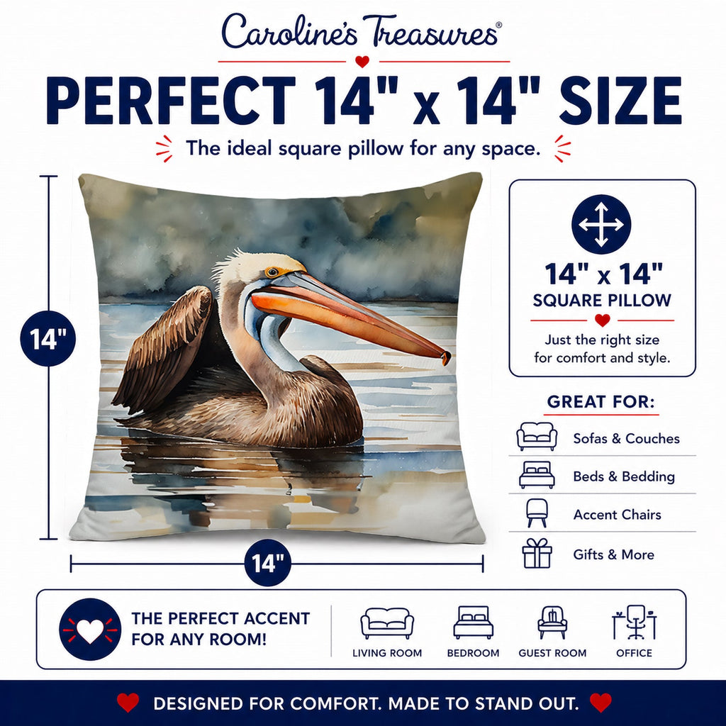 Pelican Decorative Throw Pillow 14x14 Indoor Outdoor Accent Cushion, Fabric Cover with Insert for Sofa, Bed, Porch & Living Room