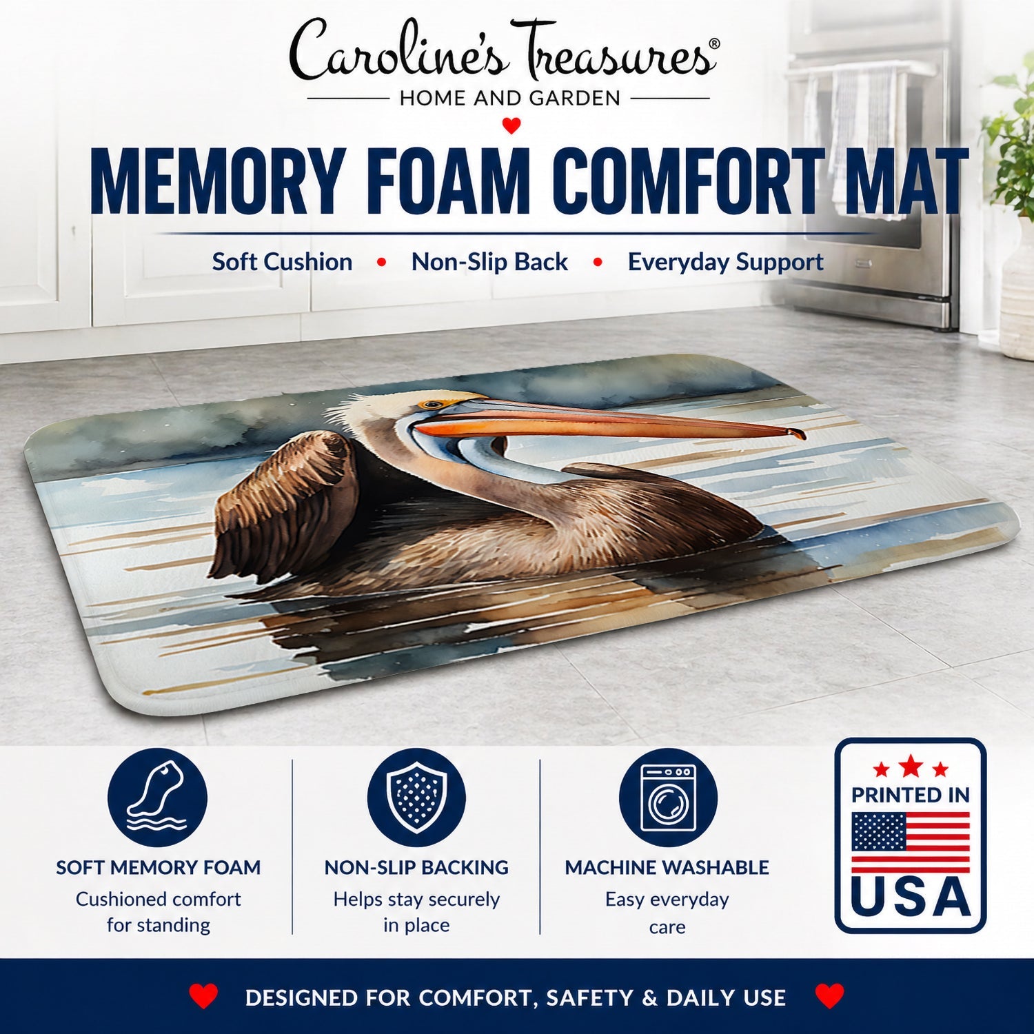 Pelican Memory Foam Kitchen Mat Machine Washable Anti-Fatigue Cushion Comfort Bath or Kitchen Rug