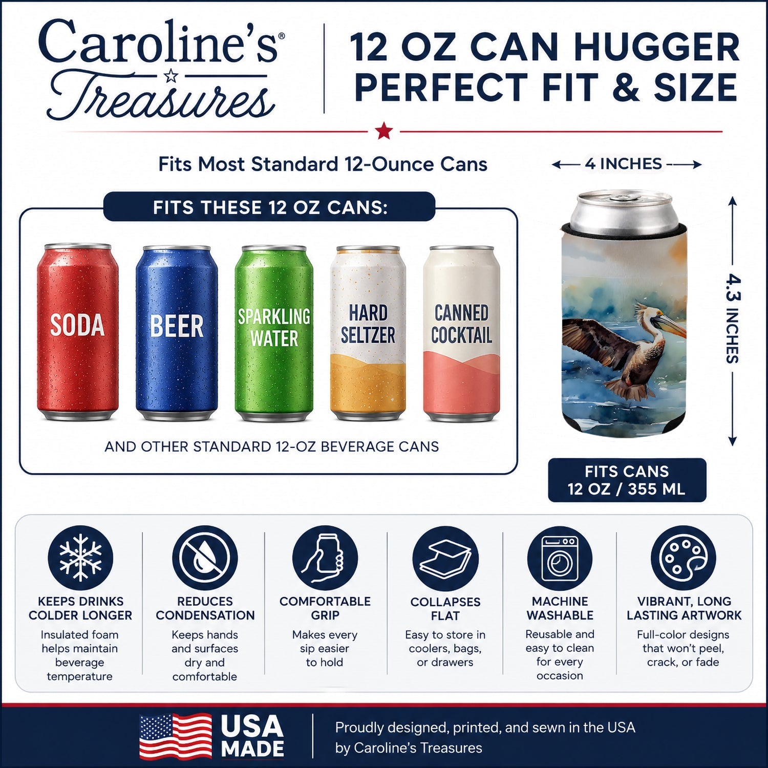 Pelican Can or Bottle Hugger Cooler Sleeve for Standard 12 oz Cans, Insulated Foam Beer & Soda Can Hugger Reusable
