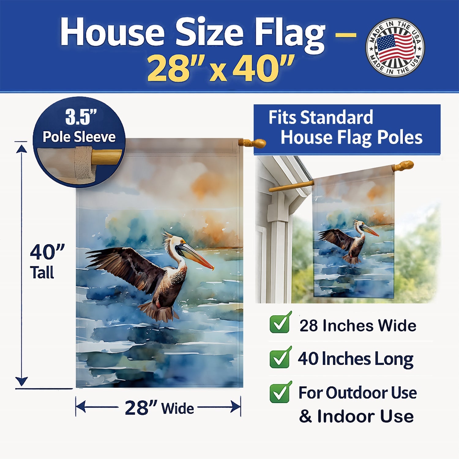 Pelican House Flag 28x40 Porch Sleeve Pole Decorative Outside Yard Banner Artwork Wall Hanging, Polyester