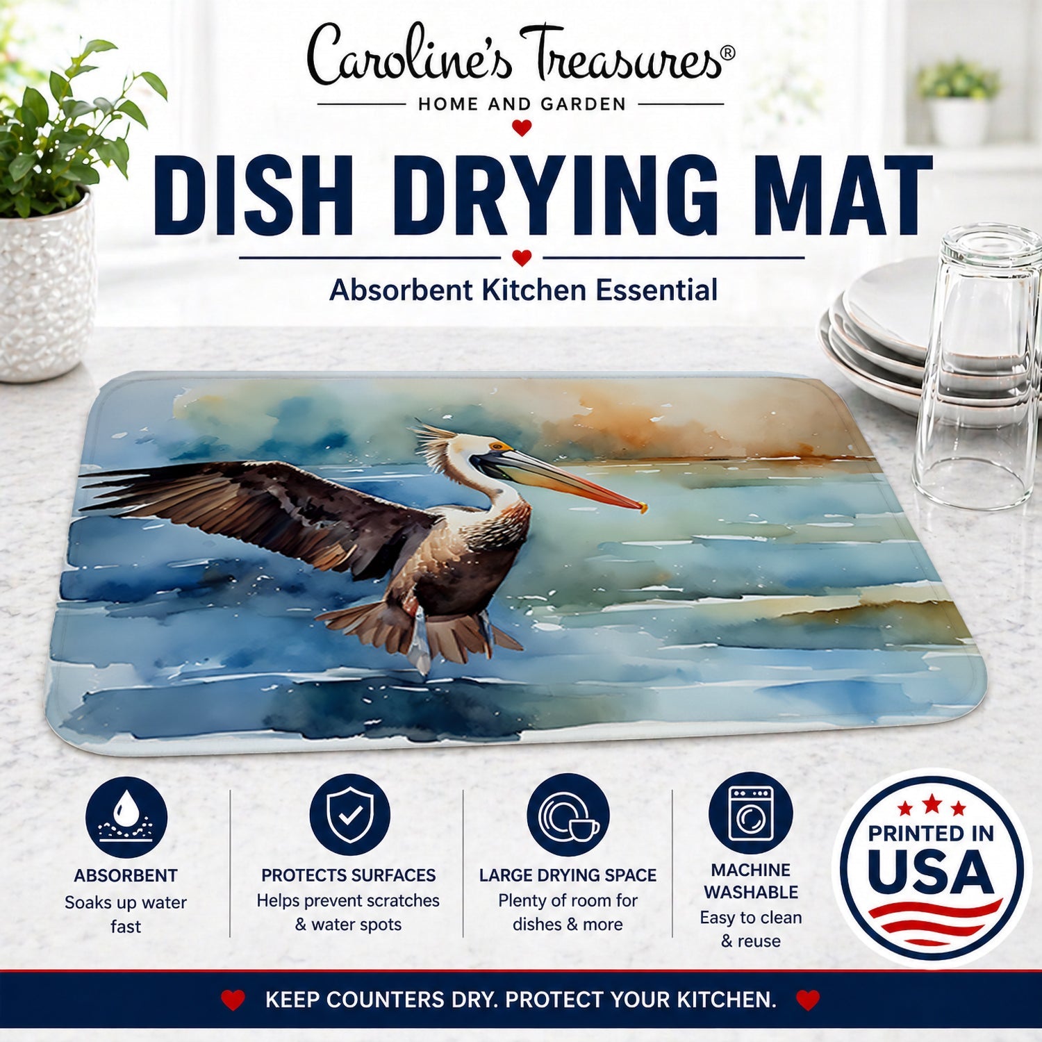 Pelican Dish Drying Mat Absorbent Dish Drying Mat Pad for Kitchen Counter Dish Drainer Mat for Countertop, 14 x 21", Multicolor