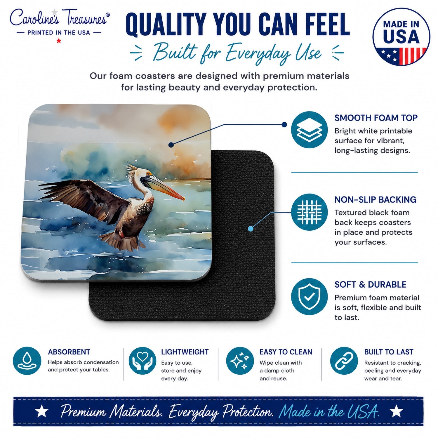 Pelican Foam Coasters Set of 4 Cup Coasters for Indoor Outdoor, Tabletop Protection, Anti Slip, Mouse pad Material