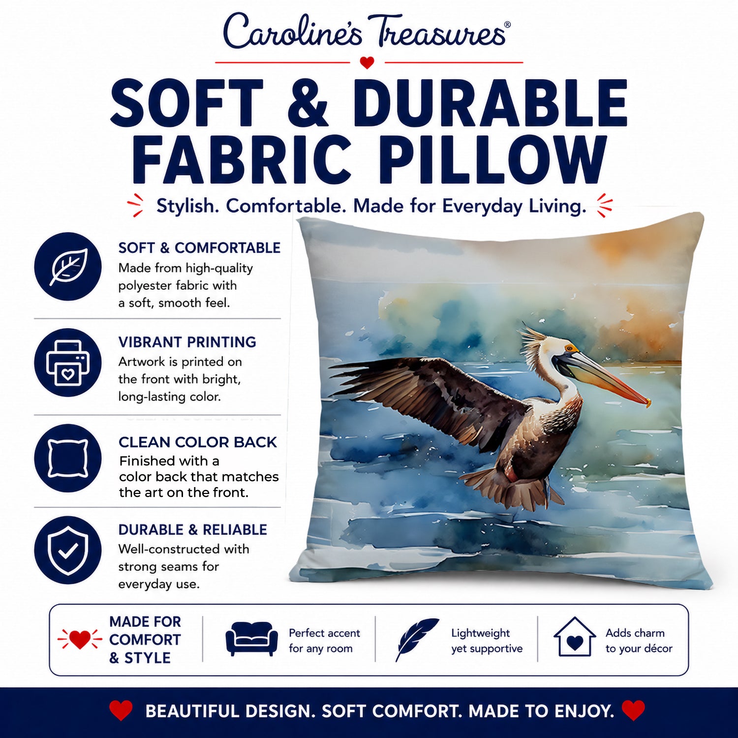 Pelican Decorative Throw Pillow 14x14 Indoor Outdoor Accent Cushion, Fabric Cover with Insert for Sofa, Bed, Porch & Living Room
