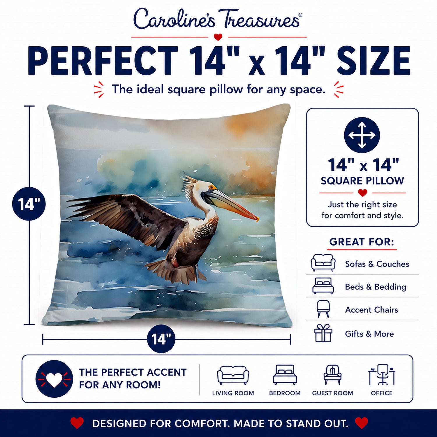 Pelican Decorative Throw Pillow 14x14 Indoor Outdoor Accent Cushion, Fabric Cover with Insert for Sofa, Bed, Porch & Living Room