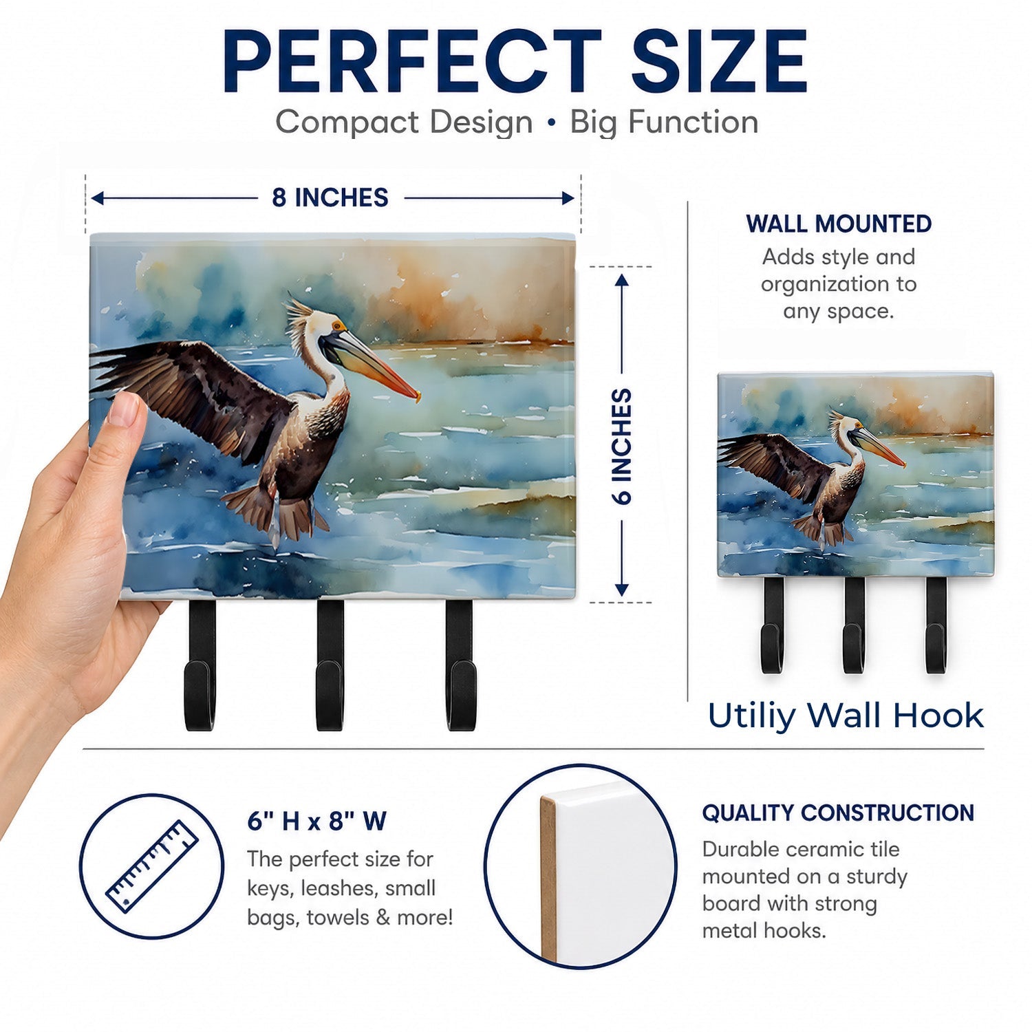 Pelican Leash or Key Holder Wall Hooks, Coat Rack Wall Mount, for Hanging Keys, Towels, Aprons, Leashes