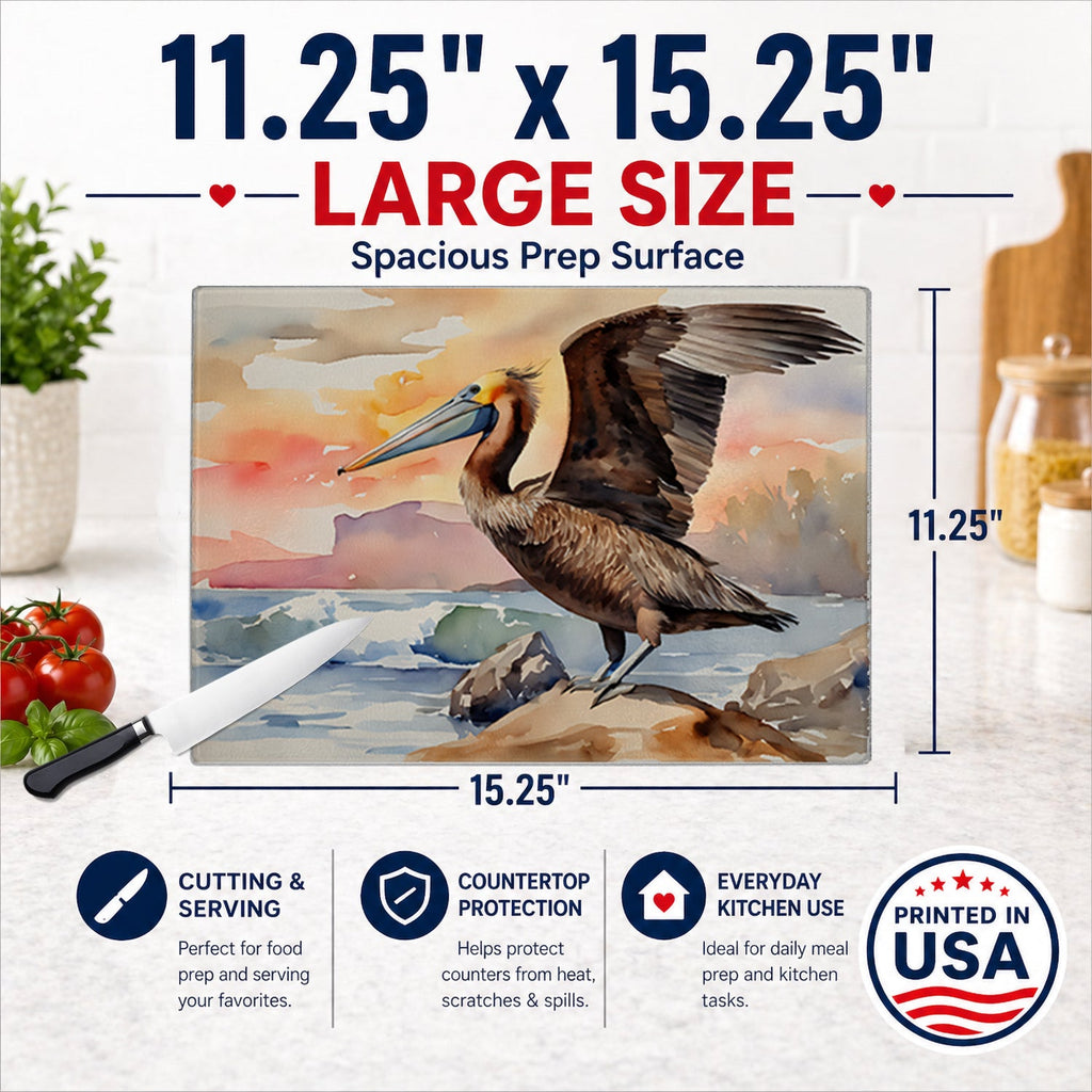 Pelican Cutting Board Tempered Glass Kitchen Cutting Surface, Heat Resistant Chopping, Non-Slip Feet, Food Prep & Serving
