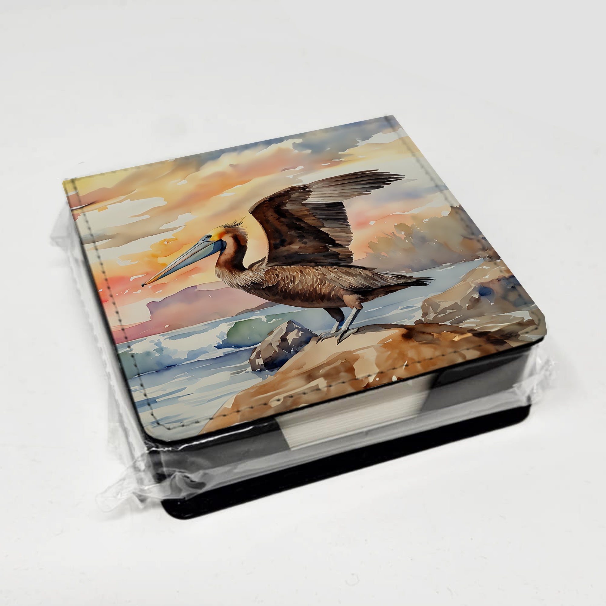 Pelican PU Leather Note Paper Holder with Artist-Designed Cover, Desk Accessory, Office Gift