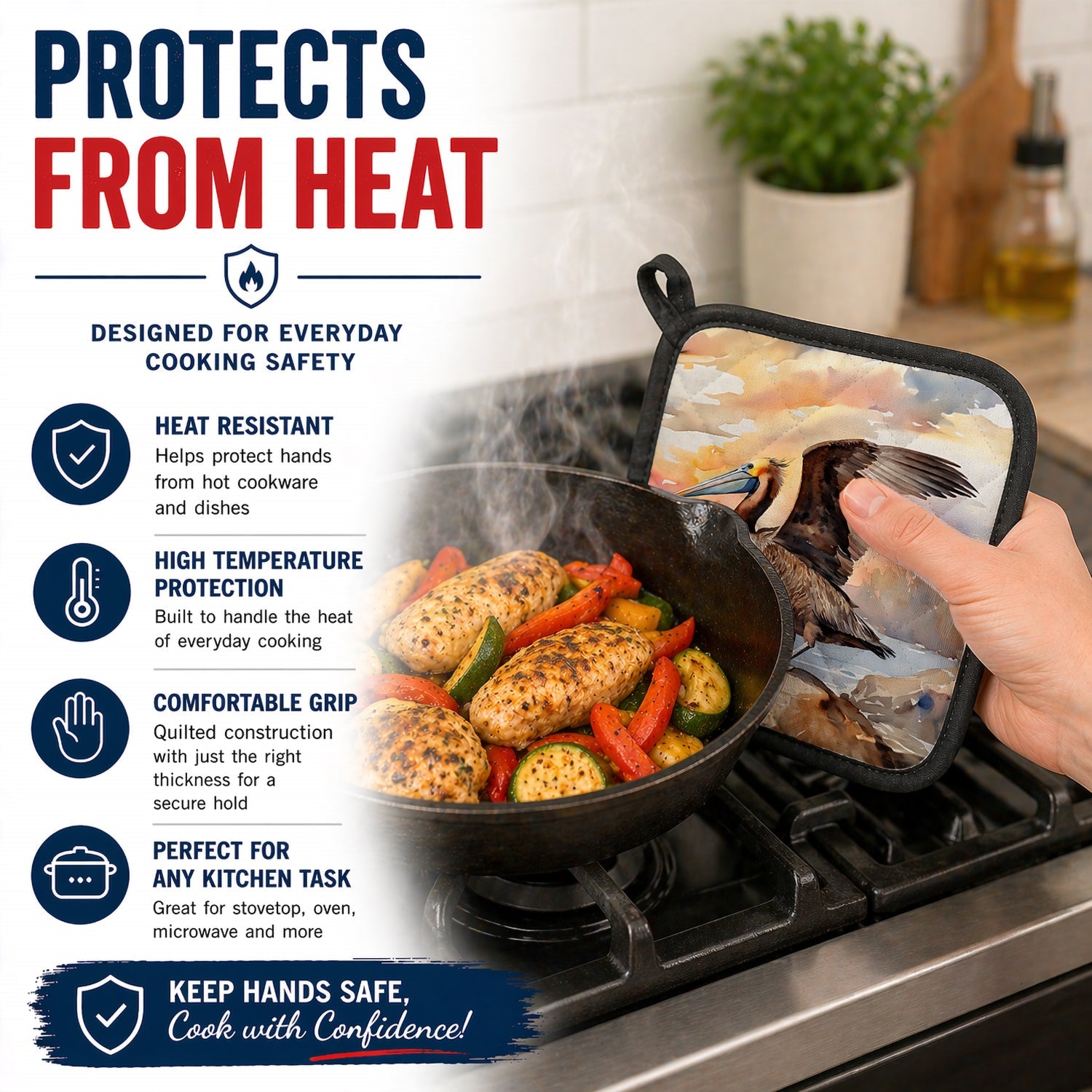 Pelican Pot Holder Set of 2 Heat Resistant Quilted Hot Pads 7.5 x 7.5 Inch, Insulated Kitchen Trivets for Cooking & Baking