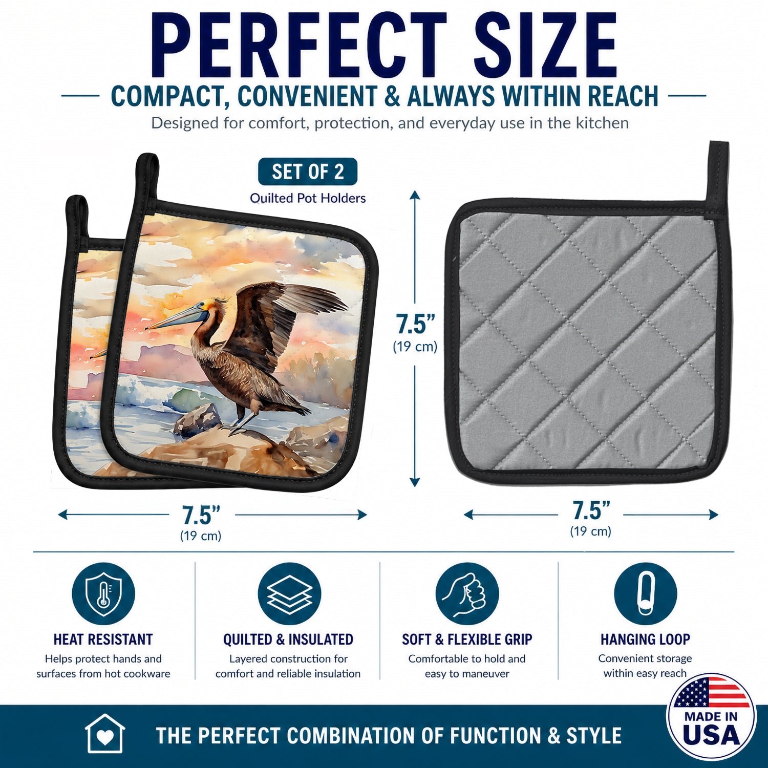 Pelican Pot Holder Set of 2 Heat Resistant Quilted Hot Pads 7.5 x 7.5 Inch, Insulated Kitchen Trivets for Cooking & Baking
