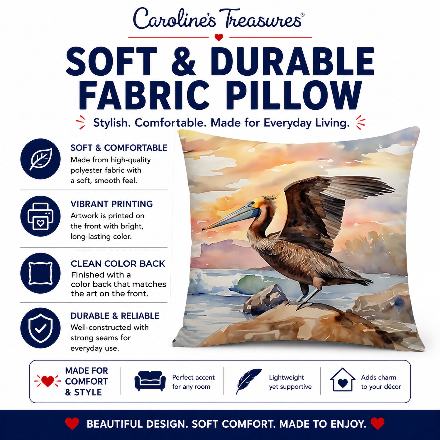 Pelican Decorative Throw Pillow 14x14 Indoor Outdoor Accent Cushion, Fabric Cover with Insert for Sofa, Bed, Porch & Living Room