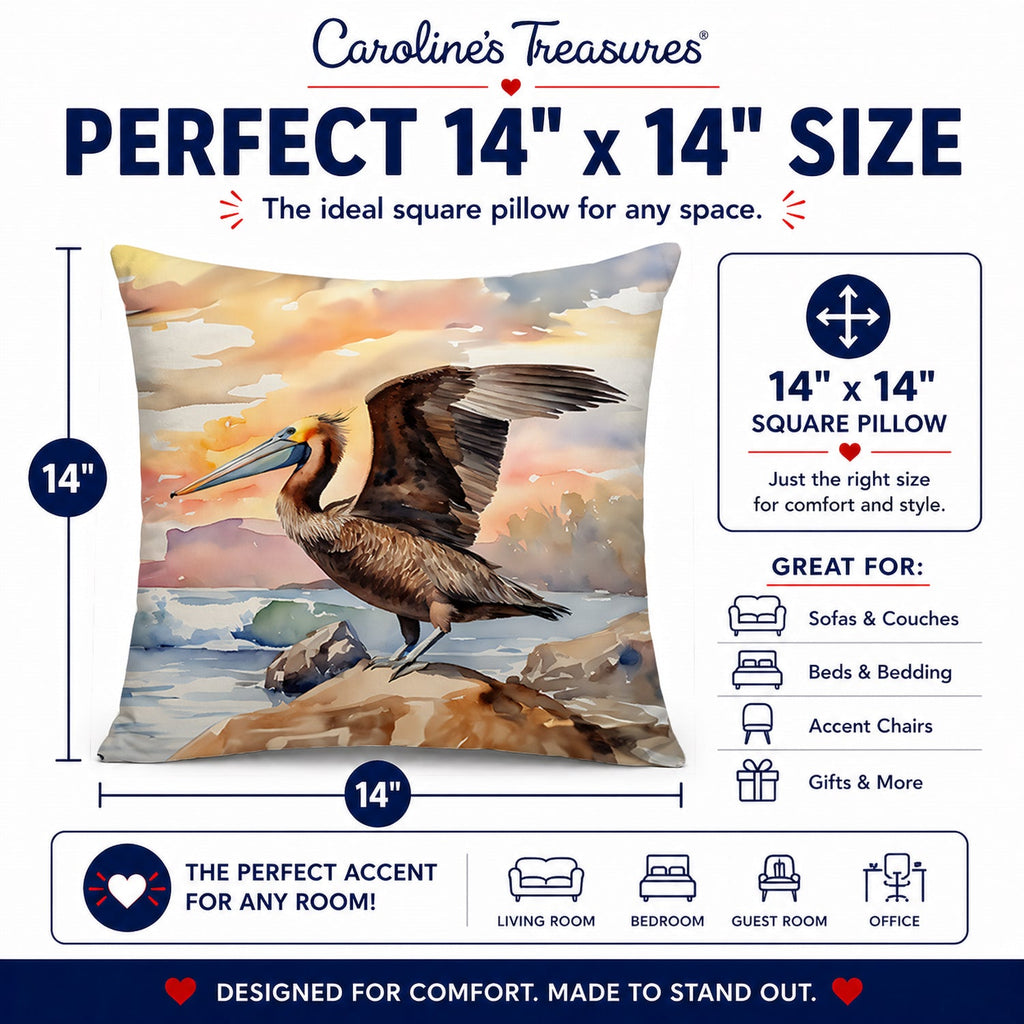 Pelican Decorative Throw Pillow 14x14 Indoor Outdoor Accent Cushion, Fabric Cover with Insert for Sofa, Bed, Porch & Living Room