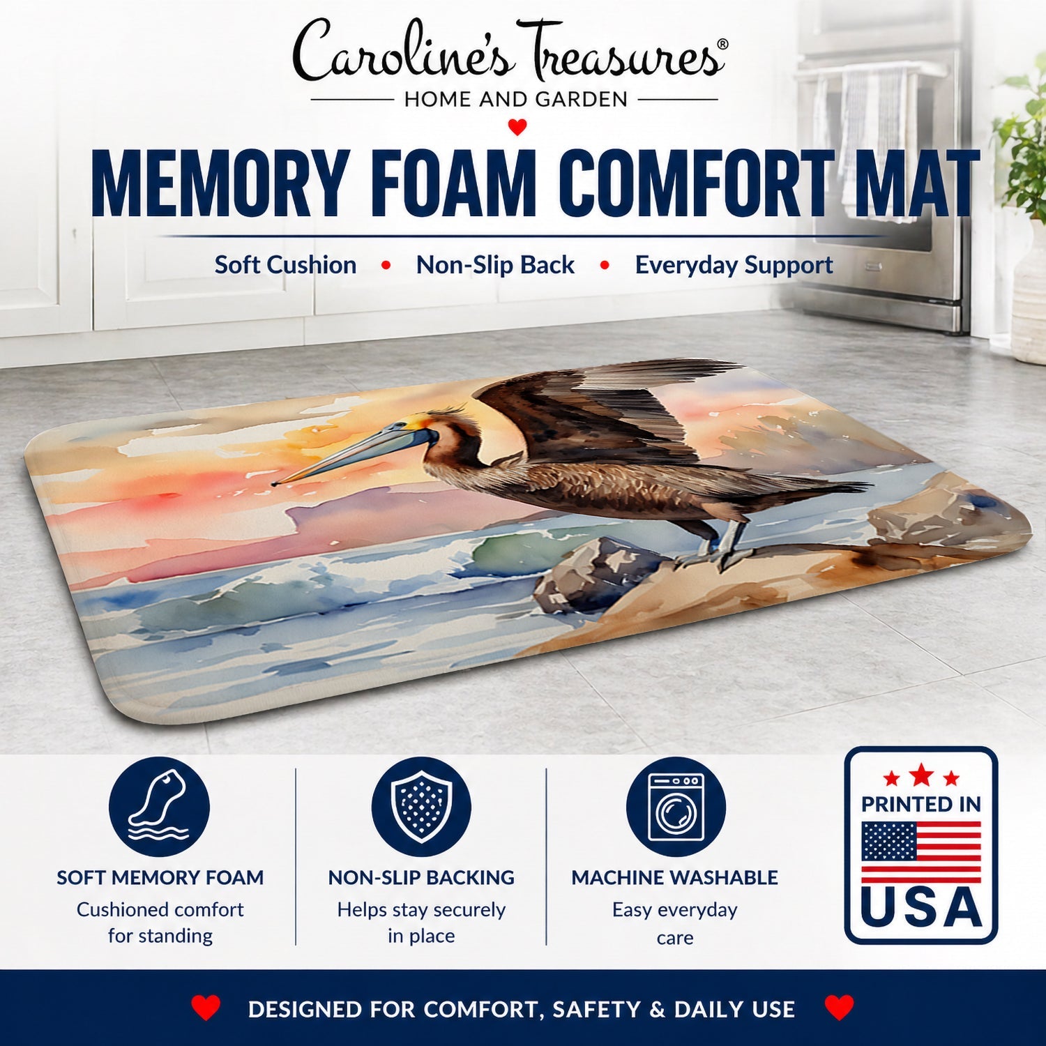 Pelican Memory Foam Kitchen Mat Machine Washable Anti-Fatigue Cushion Comfort Bath or Kitchen Rug