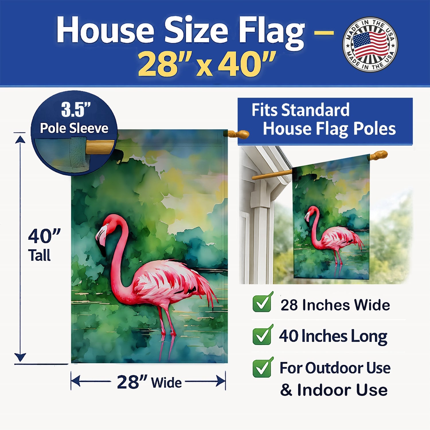 Flamingo House Flag 28x40 Porch Sleeve Pole Decorative Outside Yard Banner Artwork Wall Hanging, Polyester