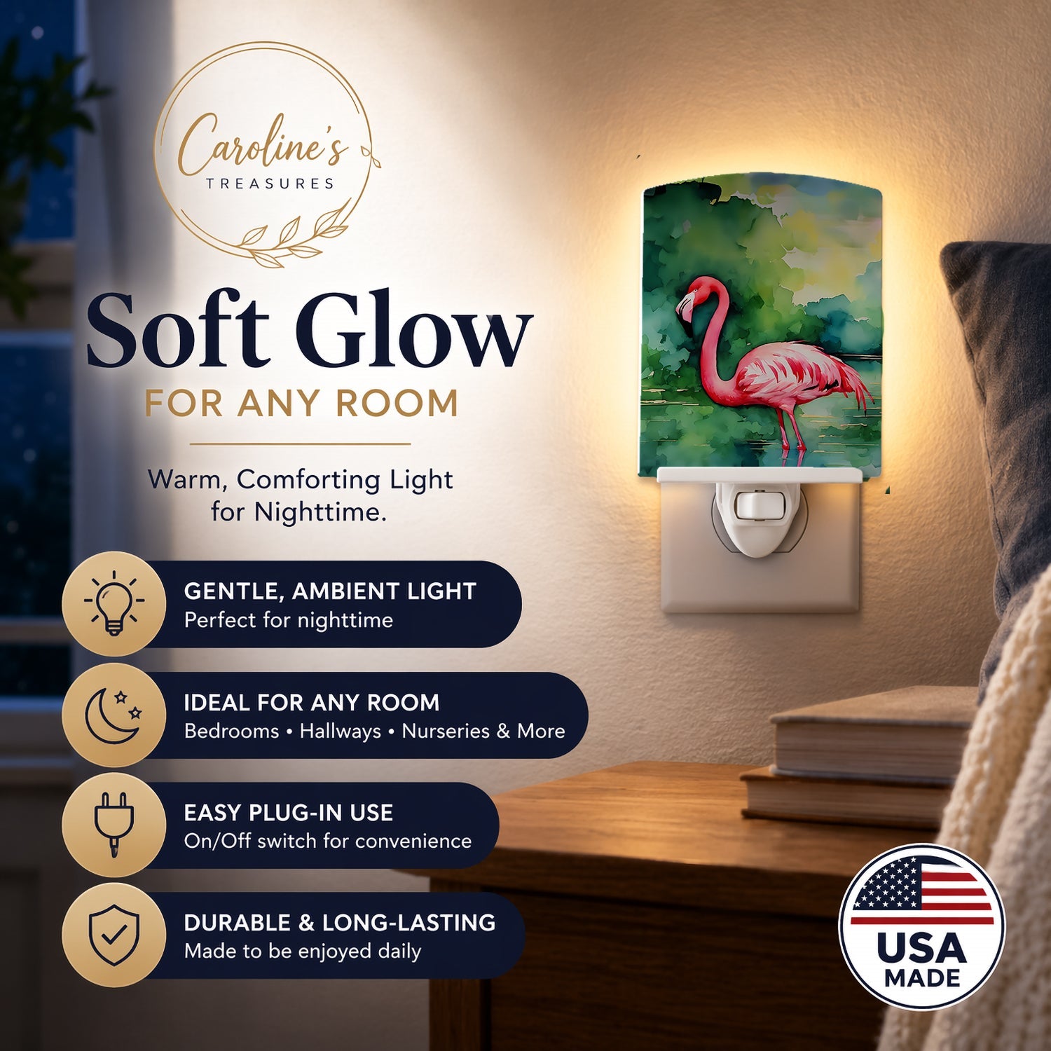 Flamingo Ceramic Night Light Compact, UL-Certified, Ideal for Bedroom, Bathroom, Nursery, Hallway, Kitchen, 6x4x3, Multicolor