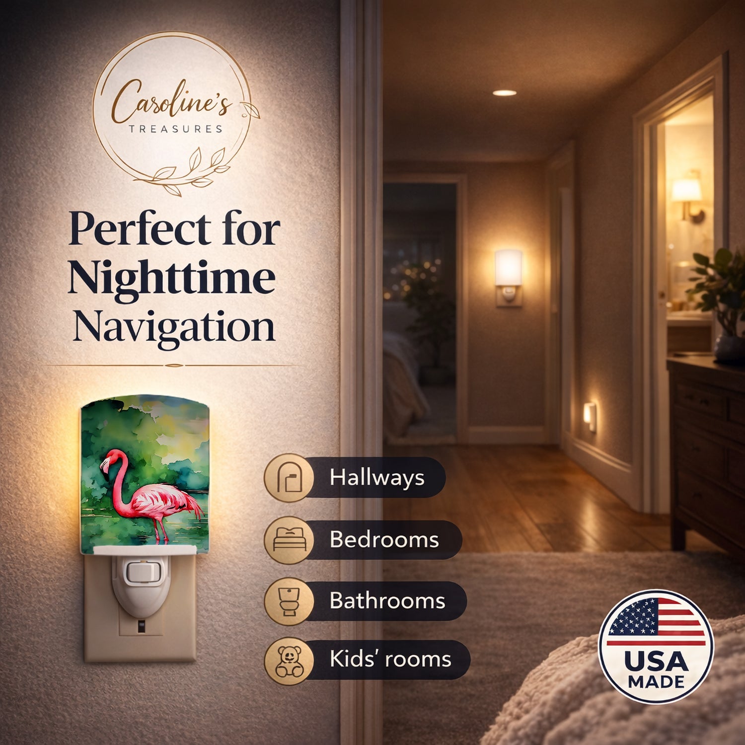 Flamingo Ceramic Night Light Compact, UL-Certified, Ideal for Bedroom, Bathroom, Nursery, Hallway, Kitchen, 6x4x3, Multicolor