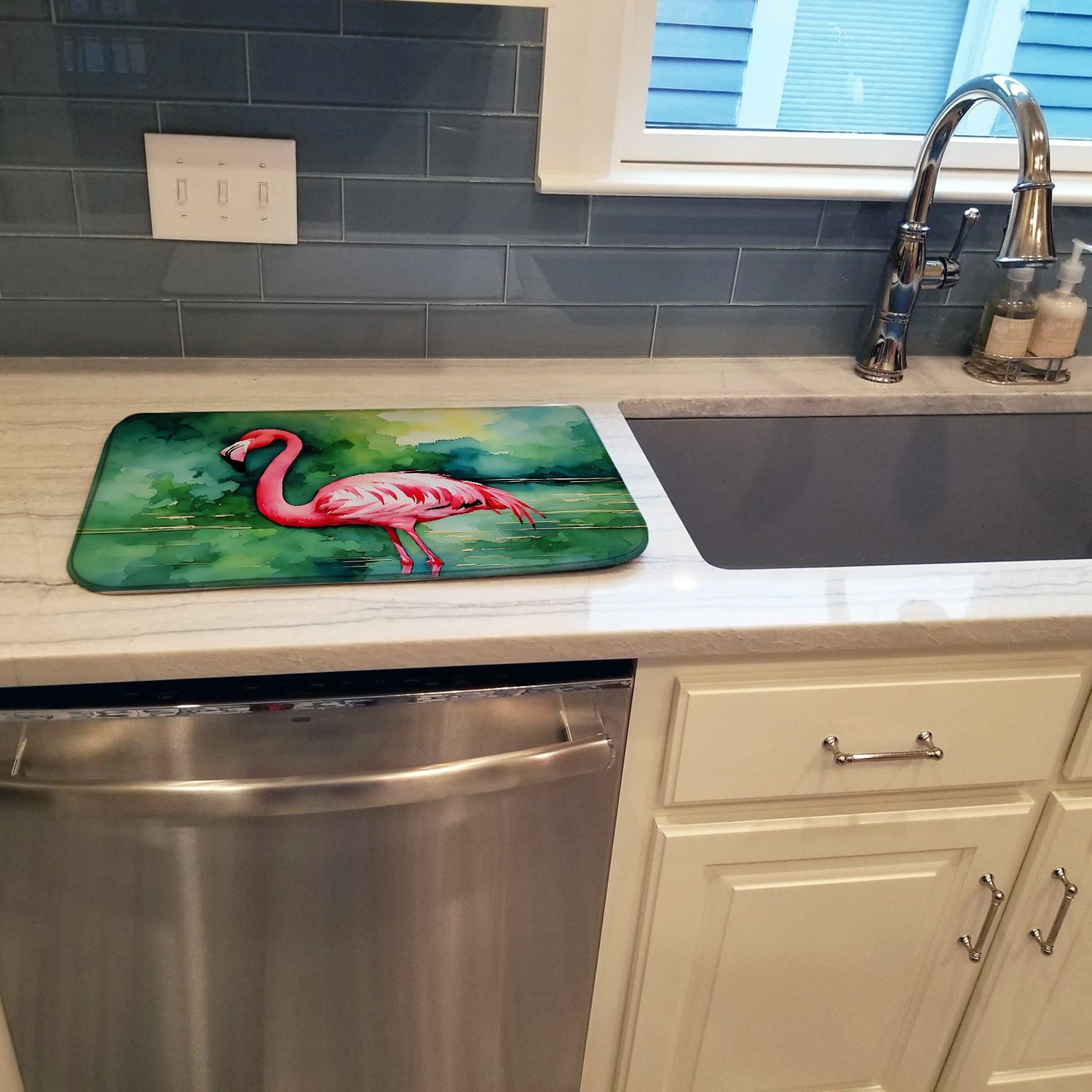 Flamingo Dish Drying Mat Absorbent Dish Drying Mat Pad for Kitchen Counter Dish Drainer Mat for Countertop, 14 x 21", Multicolor