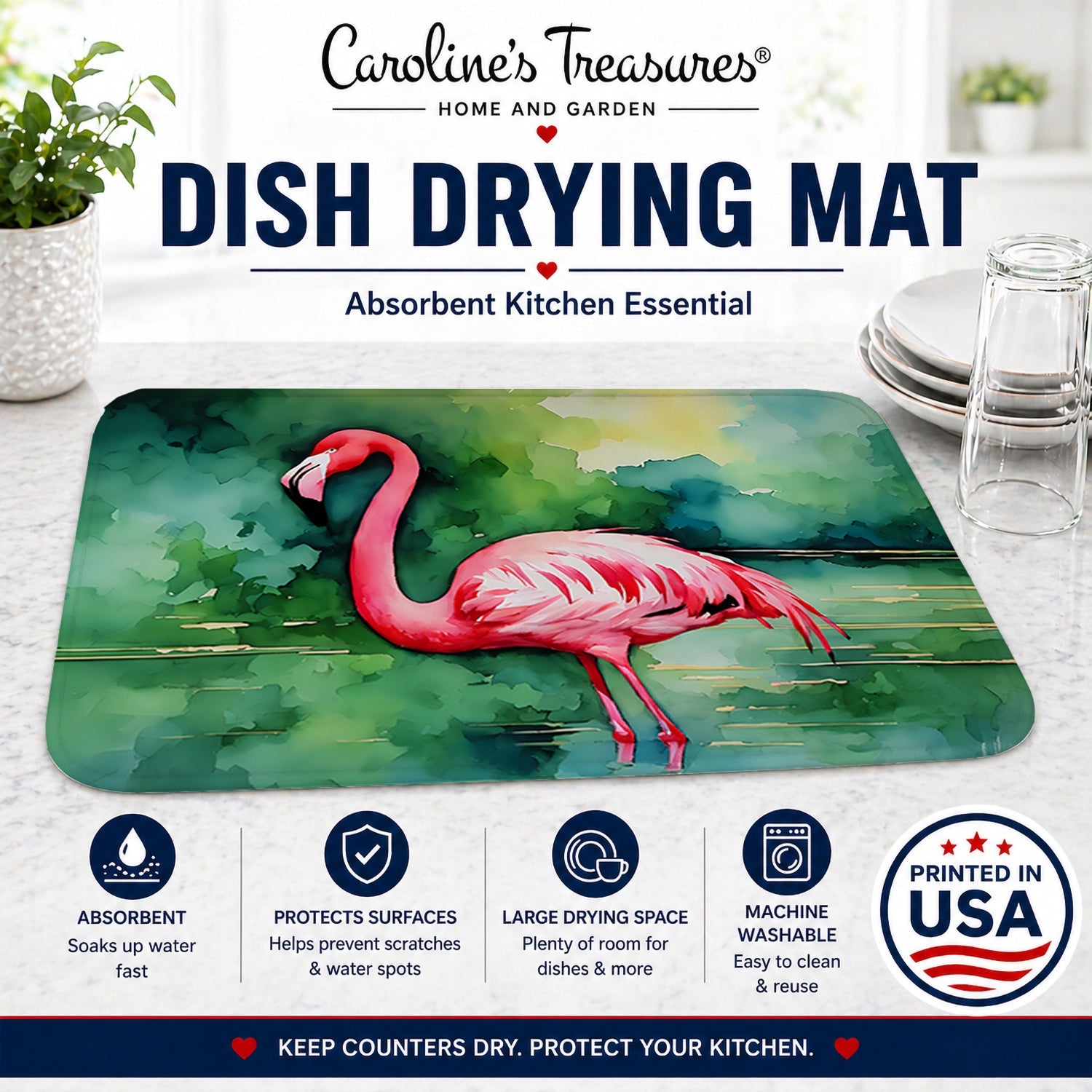 Flamingo Dish Drying Mat Absorbent Dish Drying Mat Pad for Kitchen Counter Dish Drainer Mat for Countertop, 14 x 21", Multicolor