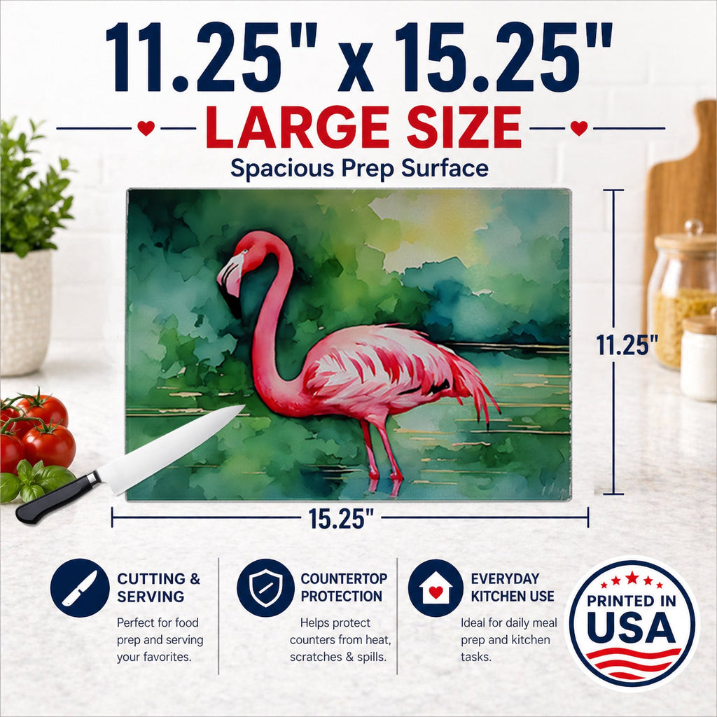 Flamingo Cutting Board Tempered Glass Kitchen Cutting Surface, Heat Resistant Chopping, Non-Slip Feet, Food Prep & Serving