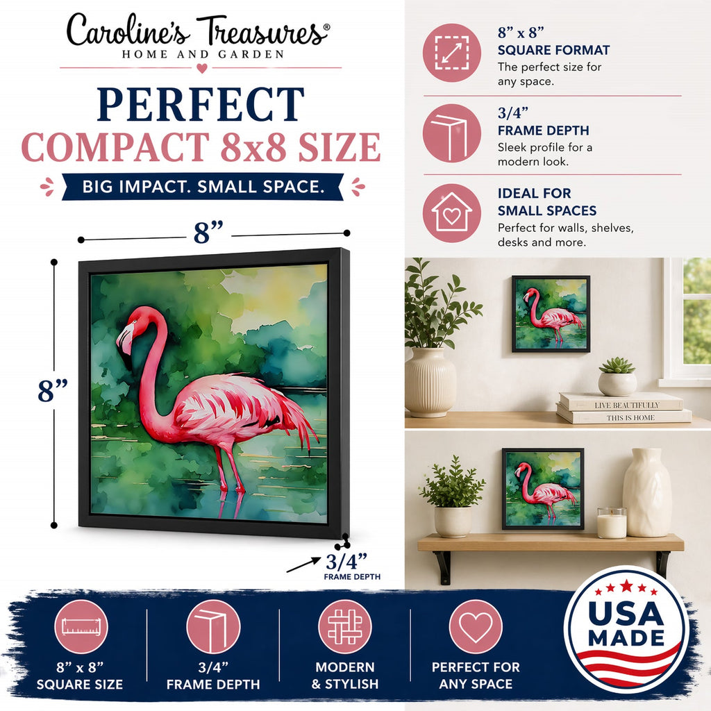 Flamingo Framed Metal Print Bathroom, Kitchen, Office, Home Decor Wall Art Ready to Hang, Square, 8X8