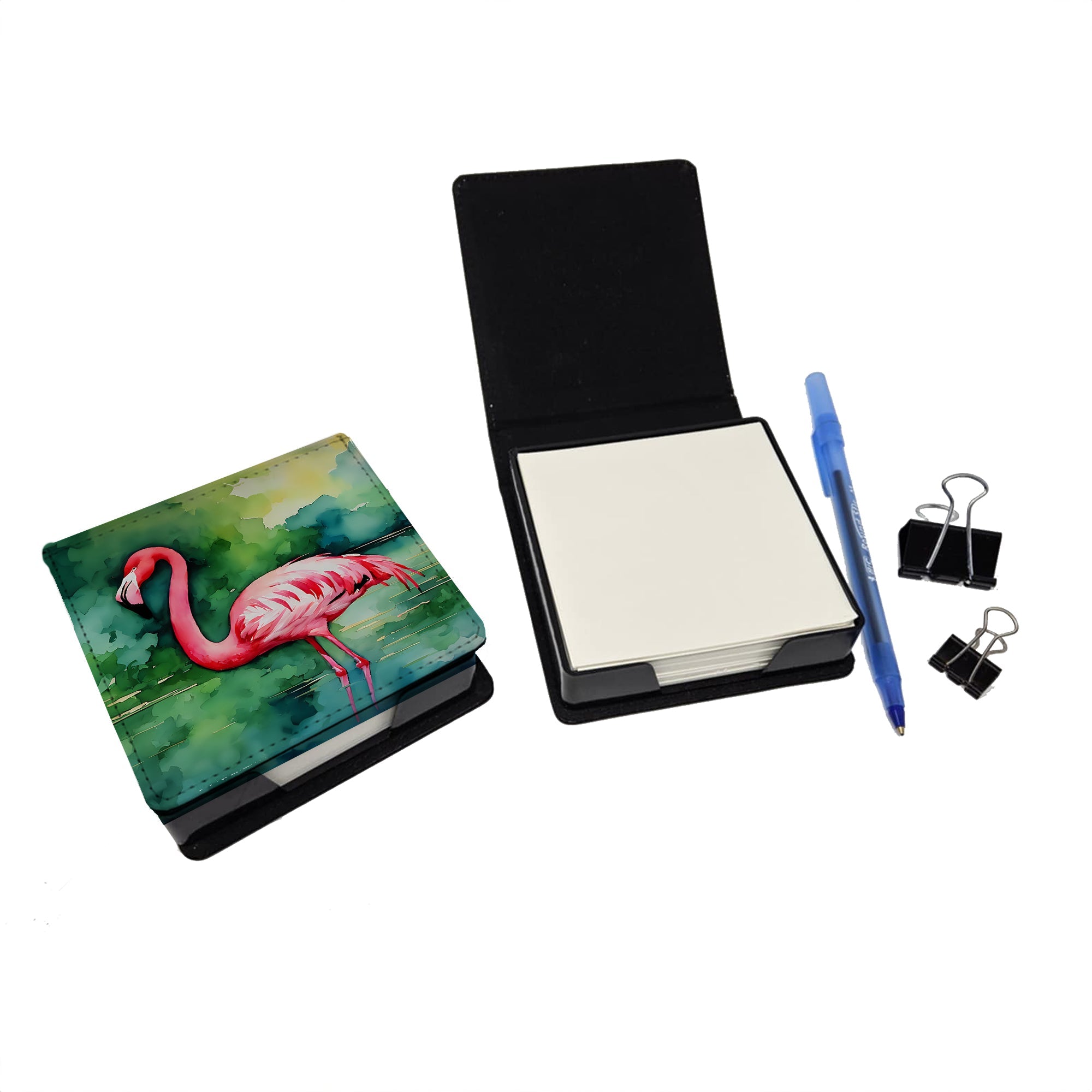Flamingo PU Leather Note Paper Holder with Artist-Designed Cover, Desk Accessory, Office Gift